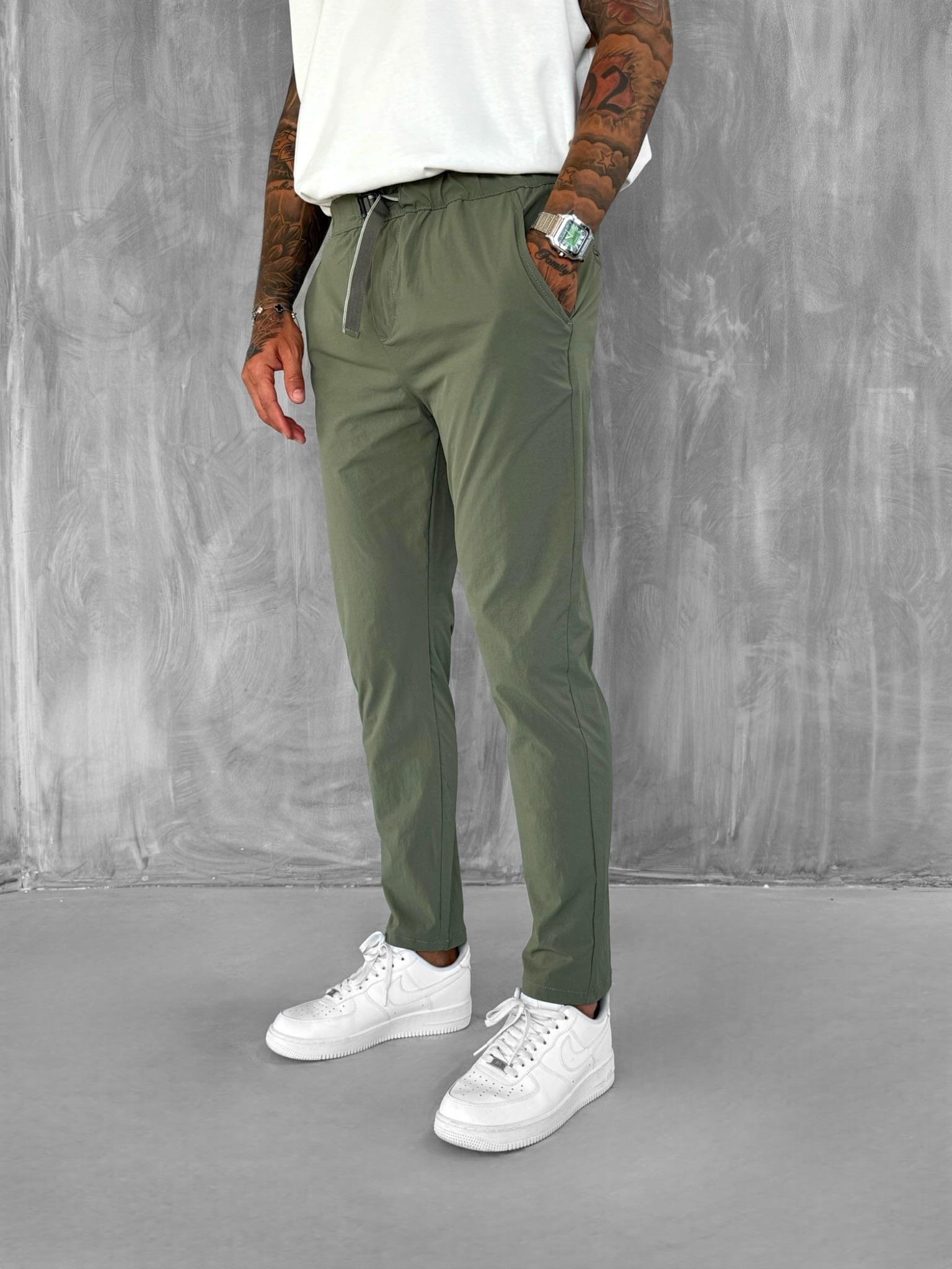 Erkek Beli Lastikli Tecno Kumaş Slim Fit Pantolon Yeşil