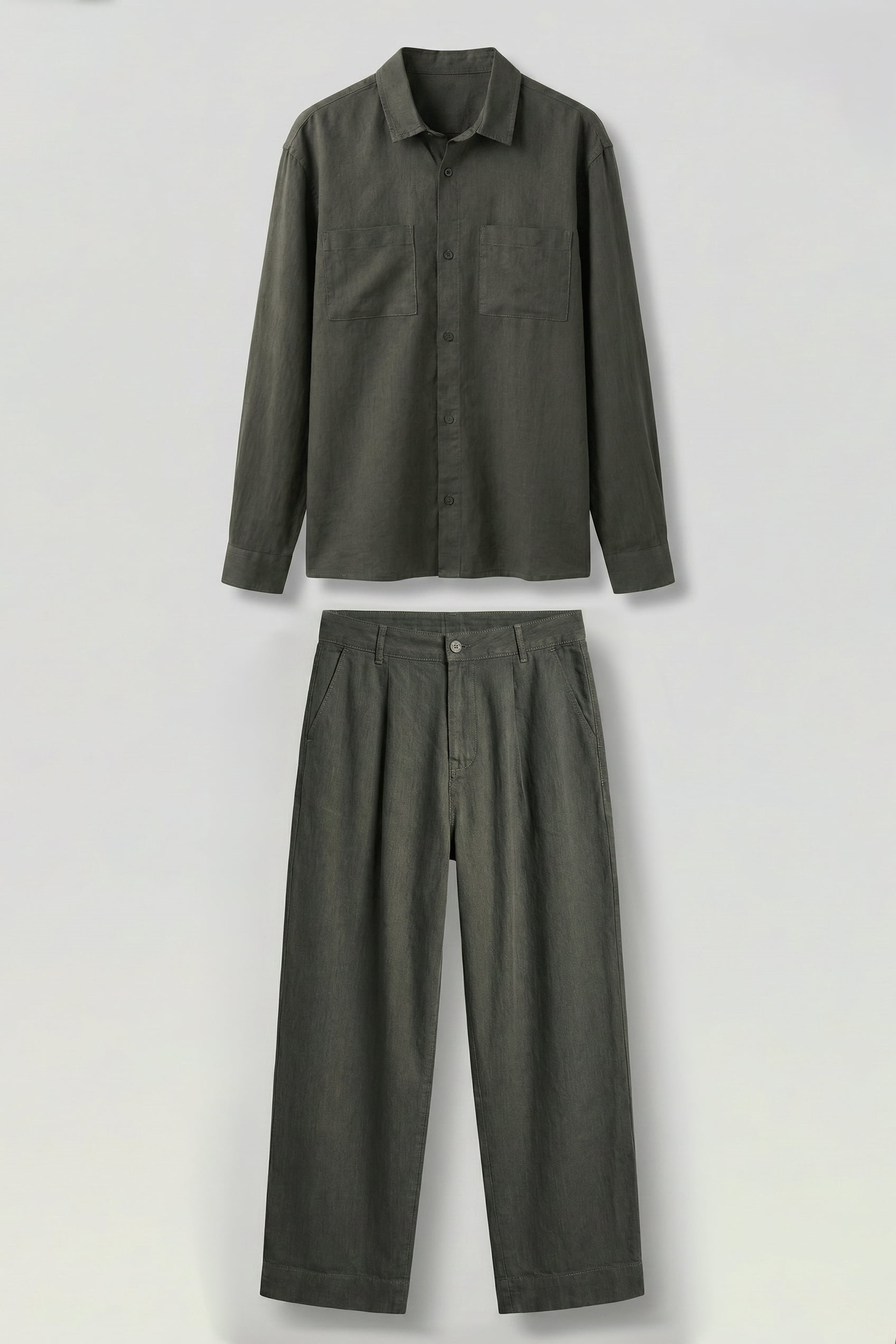 Erkek Bol Kesim Gömlek Pantolon Keten İkili Takım Haki