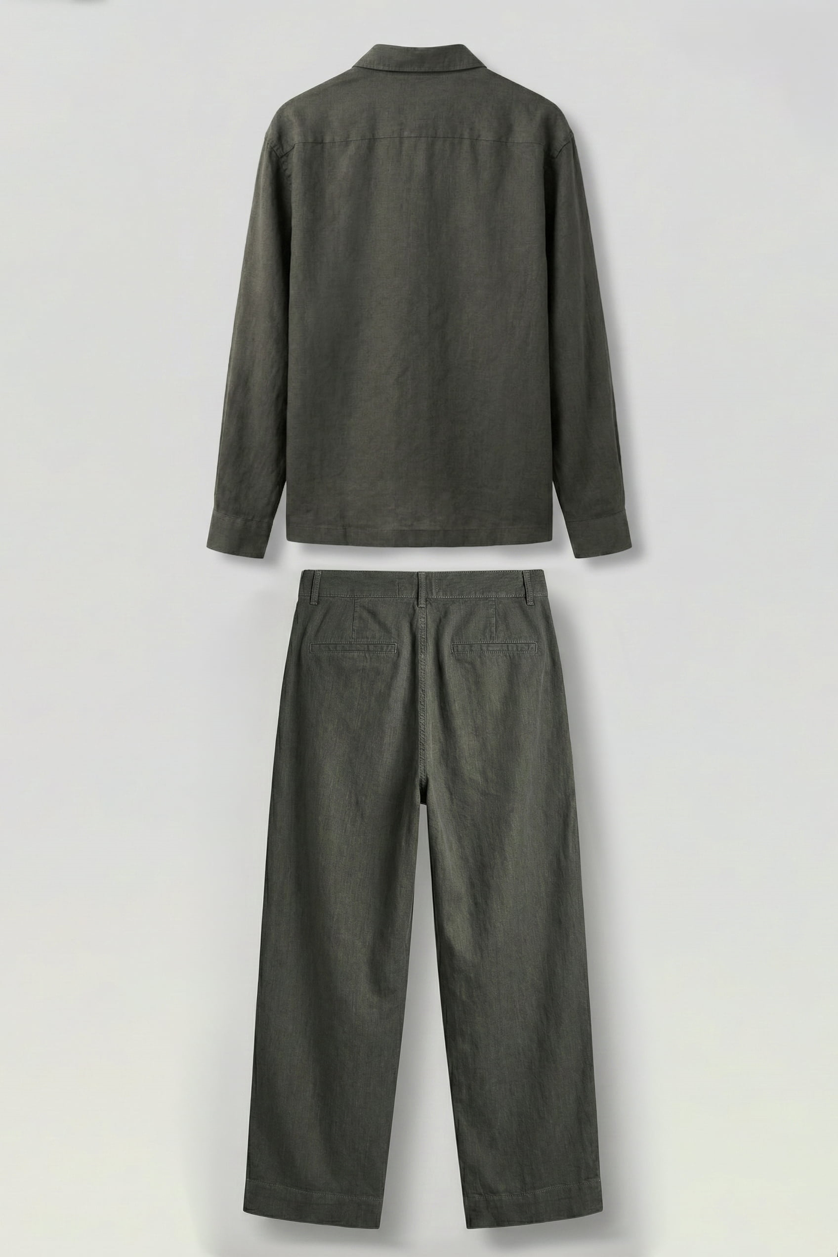 Erkek Bol Kesim Gömlek Pantolon Keten İkili Takım Haki