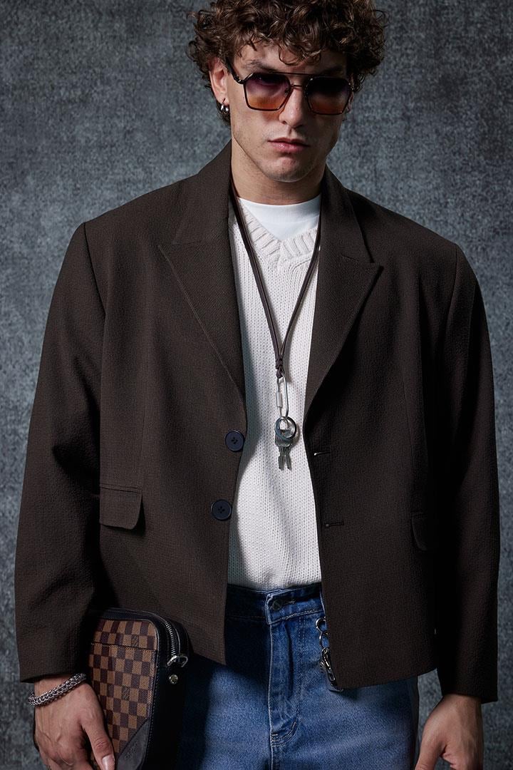 Erkek Boxy Fit Düğmeli Blazer Ceket Kahverengi