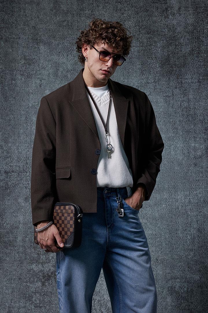 Erkek Boxy Fit Düğmeli Blazer Ceket Kahverengi