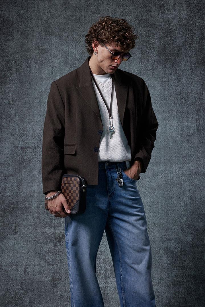 Erkek Boxy Fit Düğmeli Blazer Ceket Kahverengi