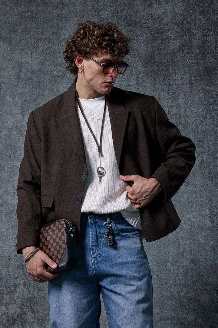 Erkek Boxy Fit Düğmeli Blazer Ceket Kahverengi