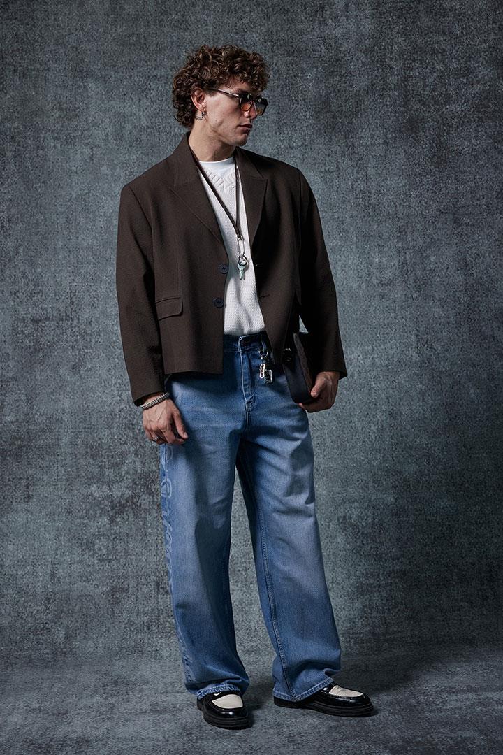 Erkek Boxy Fit Düğmeli Blazer Ceket Kahverengi