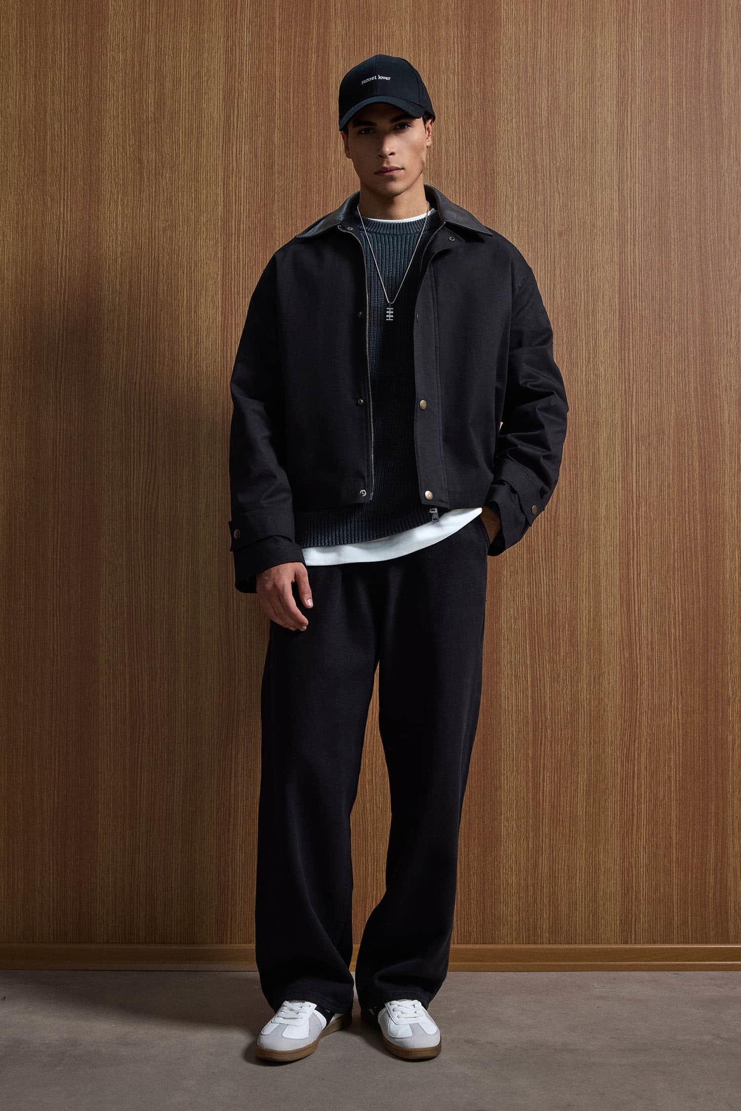 Erkek Boxy Fit Geniş Kesim Kontrast Yaka Premium Ceket Siyah