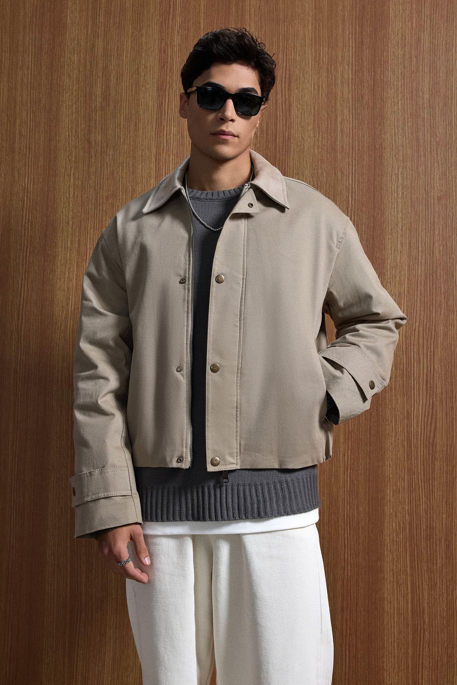 Erkek Boxy Fit Geniş Kesim Kontrast Yaka Premium Ceket Bej