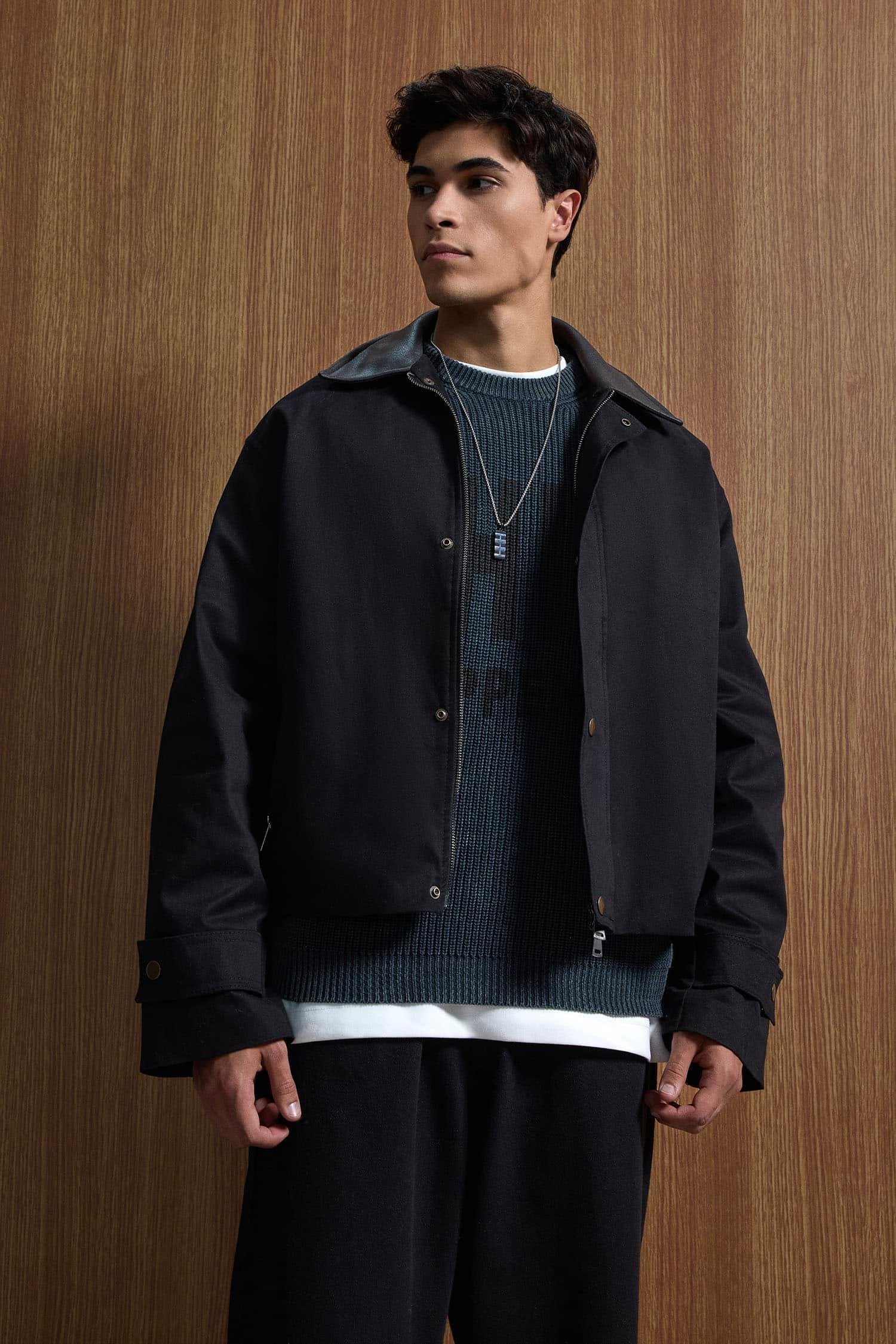 Erkek Boxy Fit Geniş Kesim Kontrast Yaka Premium Ceket Siyah