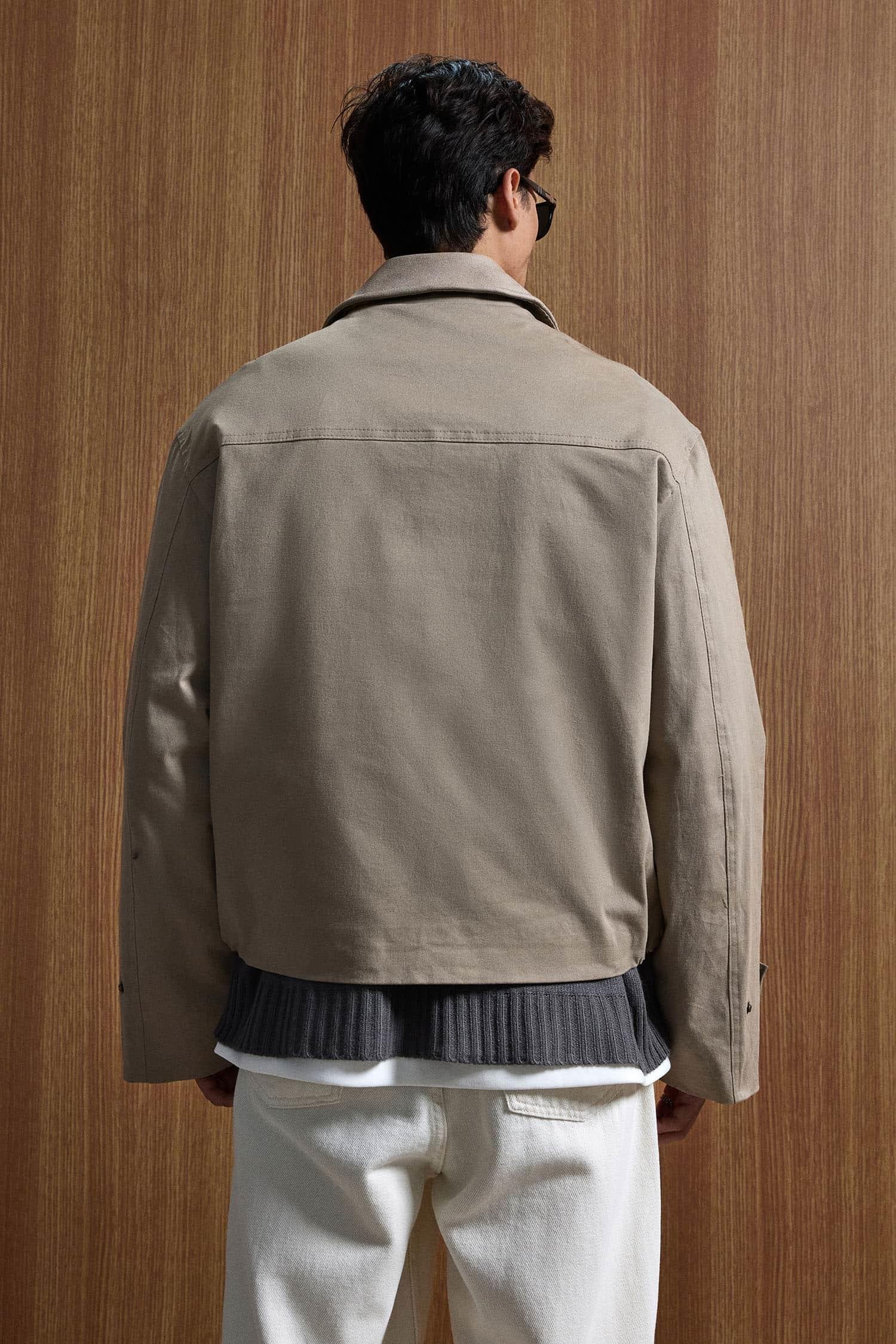 Erkek Boxy Fit Geniş Kesim Kontrast Yaka Premium Ceket Bej