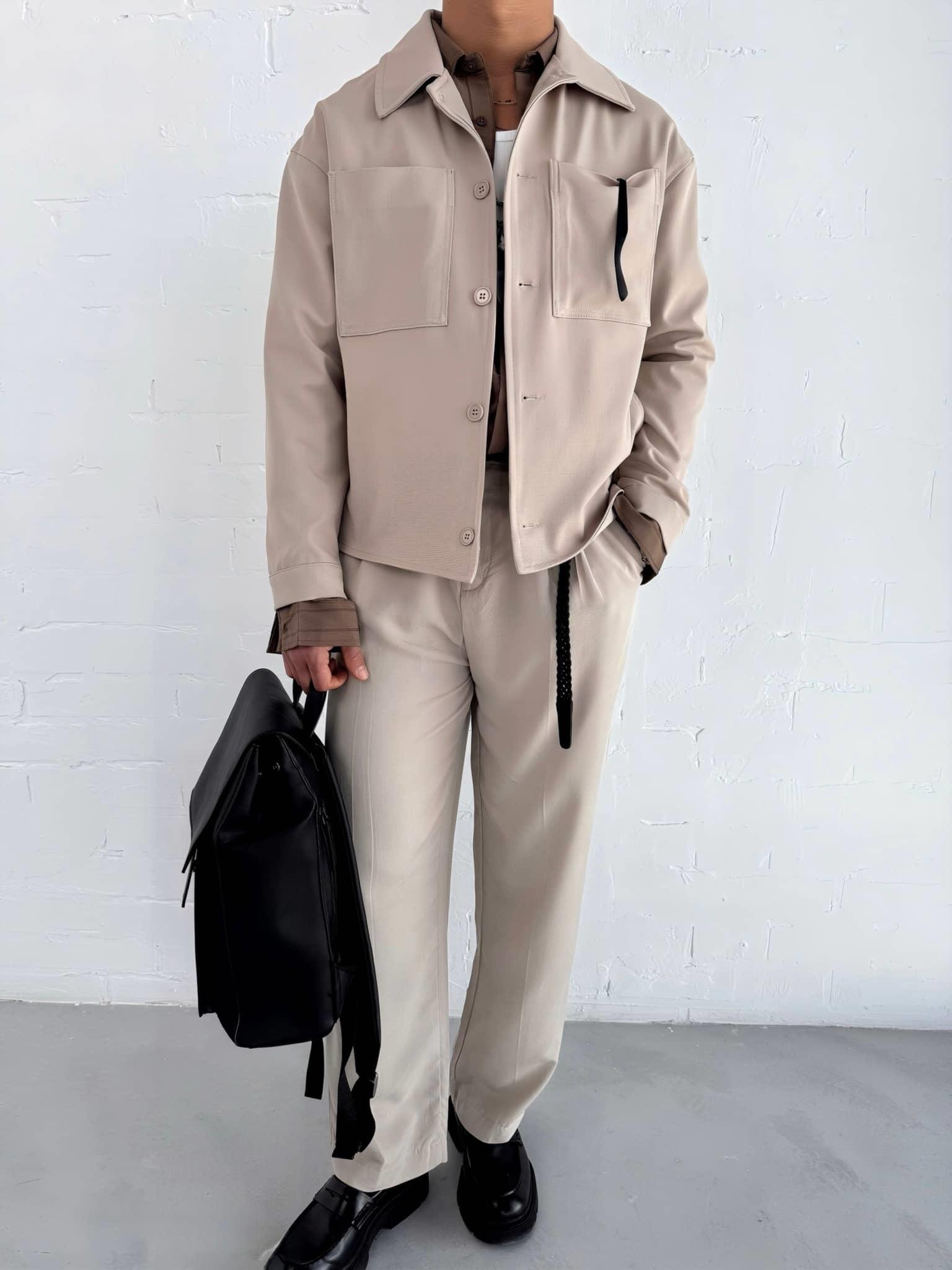 Erkek Boxy Fit Önü Cepli İnce Ceket Bej