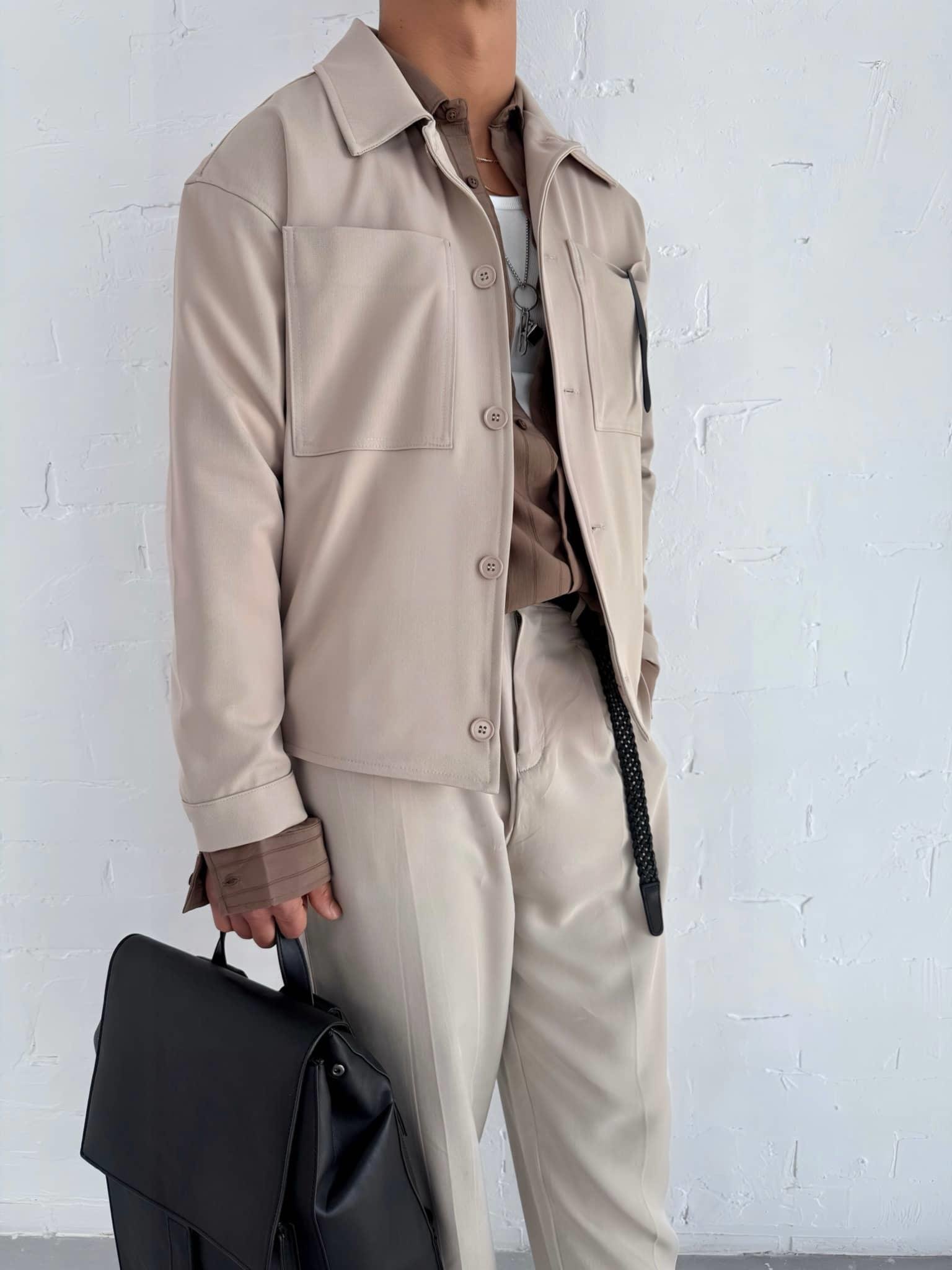 Erkek Boxy Fit Önü Cepli İnce Ceket Bej