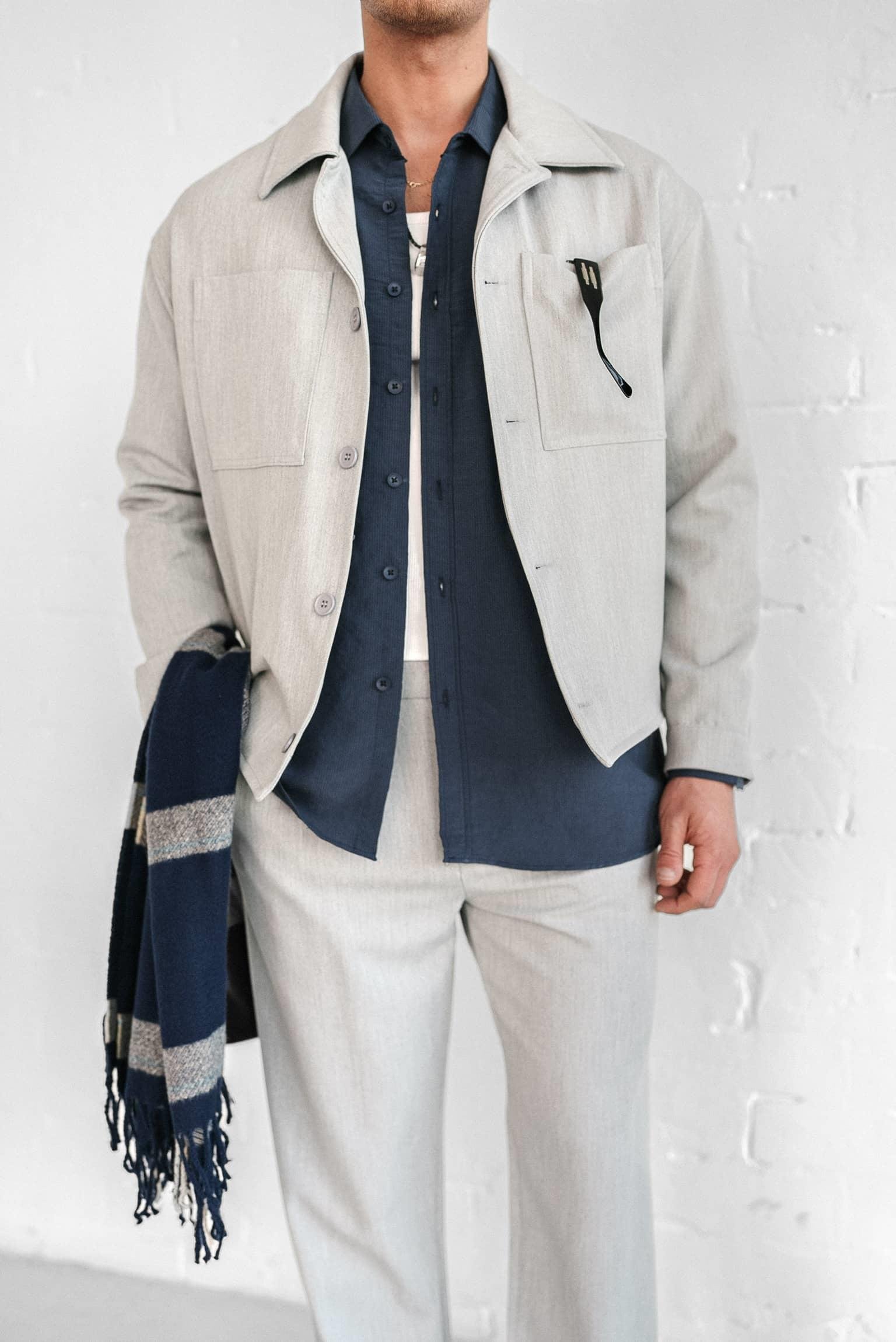 Erkek Boxy Fit Önü Cepli İnce Ceket Gri Melanj