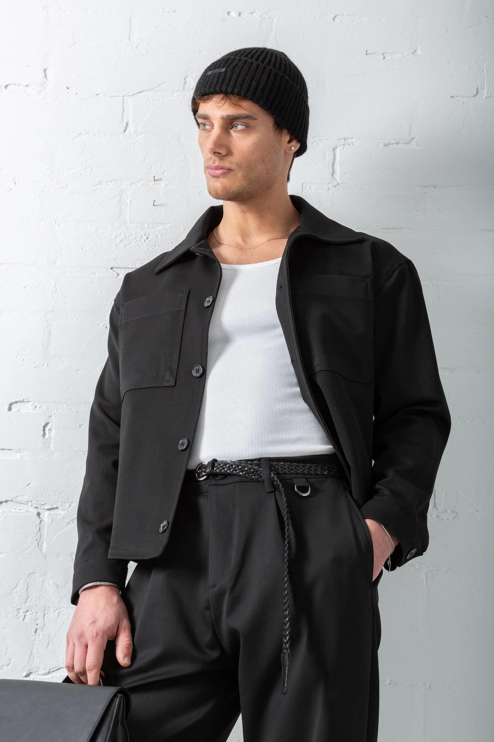 Erkek Boxy Fit Önü Cepli İnce Ceket Siyah