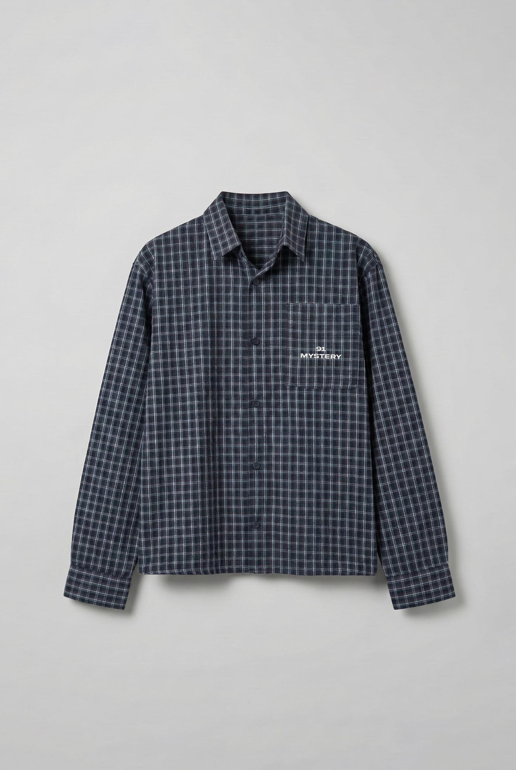 Erkek Boxy Fit Oversize Ekose Uzun Kollu Gömlek Lacivert