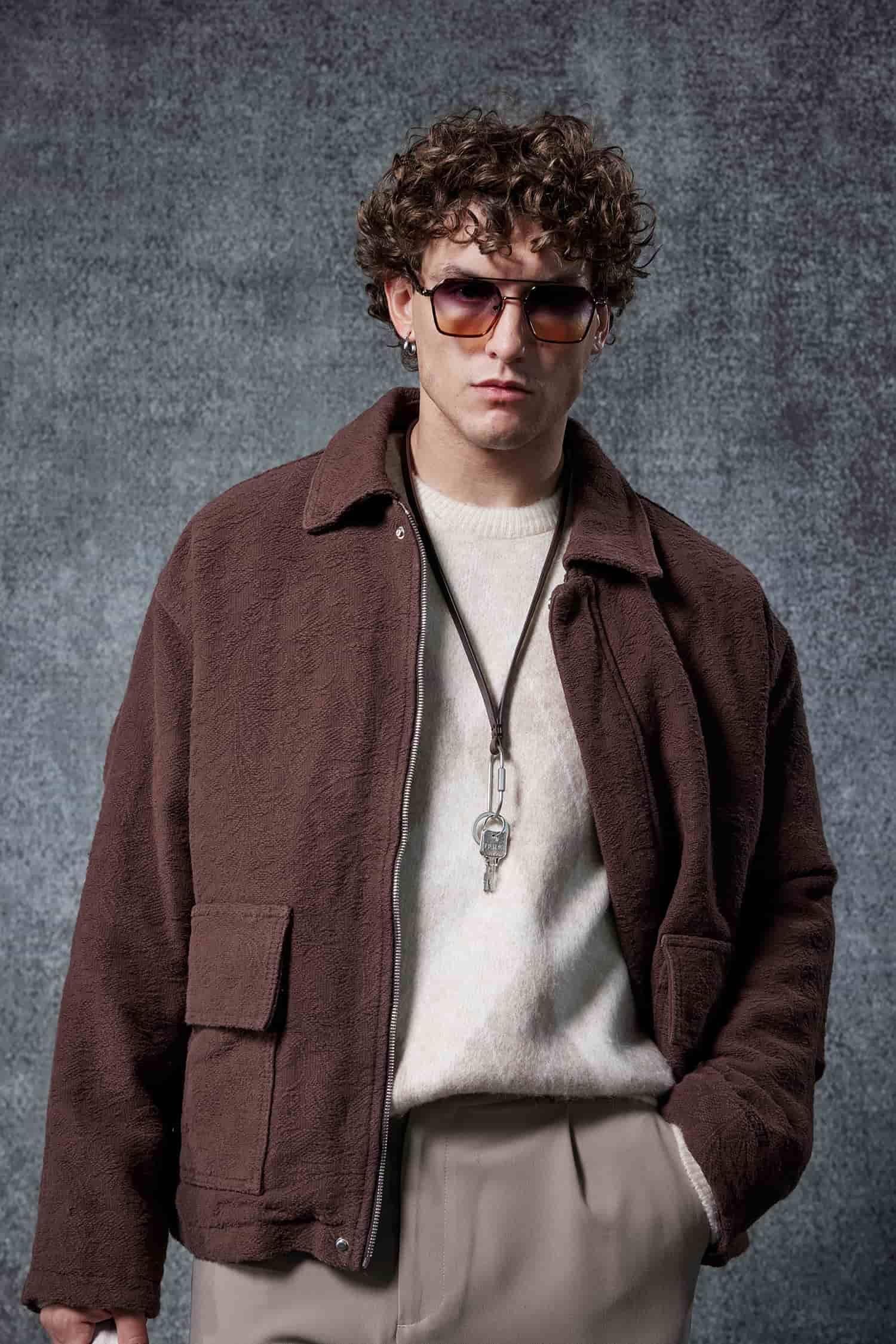 Erkek Boxy Fit Rahat Kesim Desenli Ceket Kahverengi