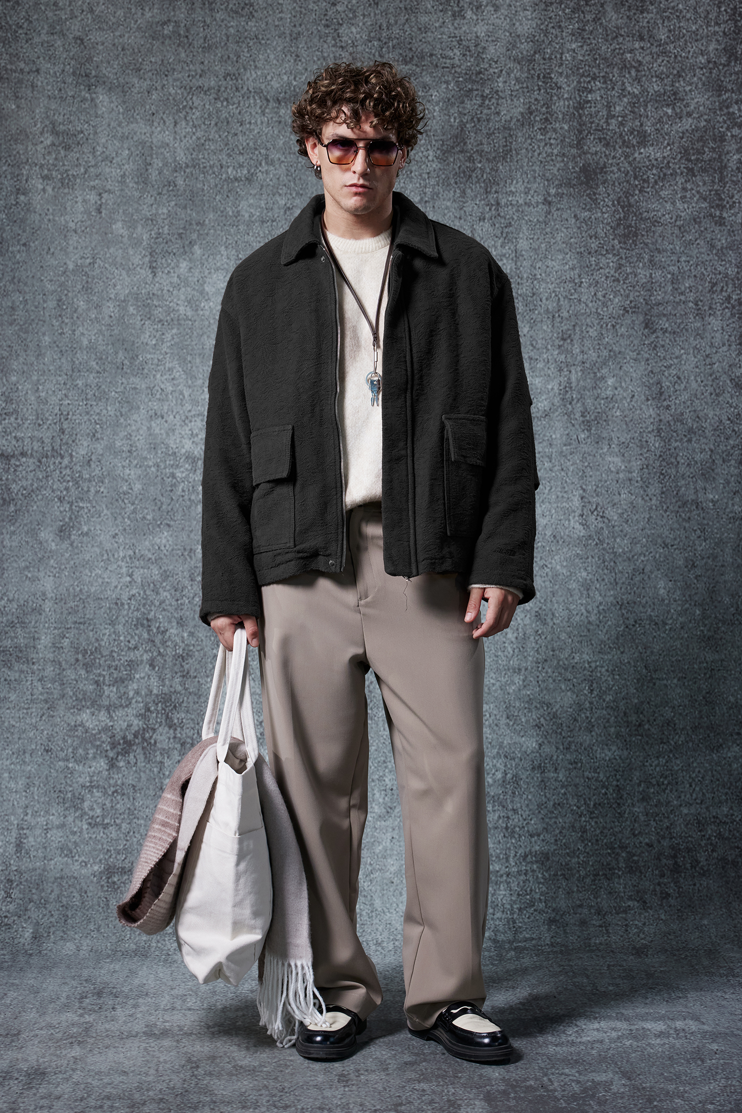 Erkek Boxy Fit Rahat Kesim Desenli Ceket Siyah