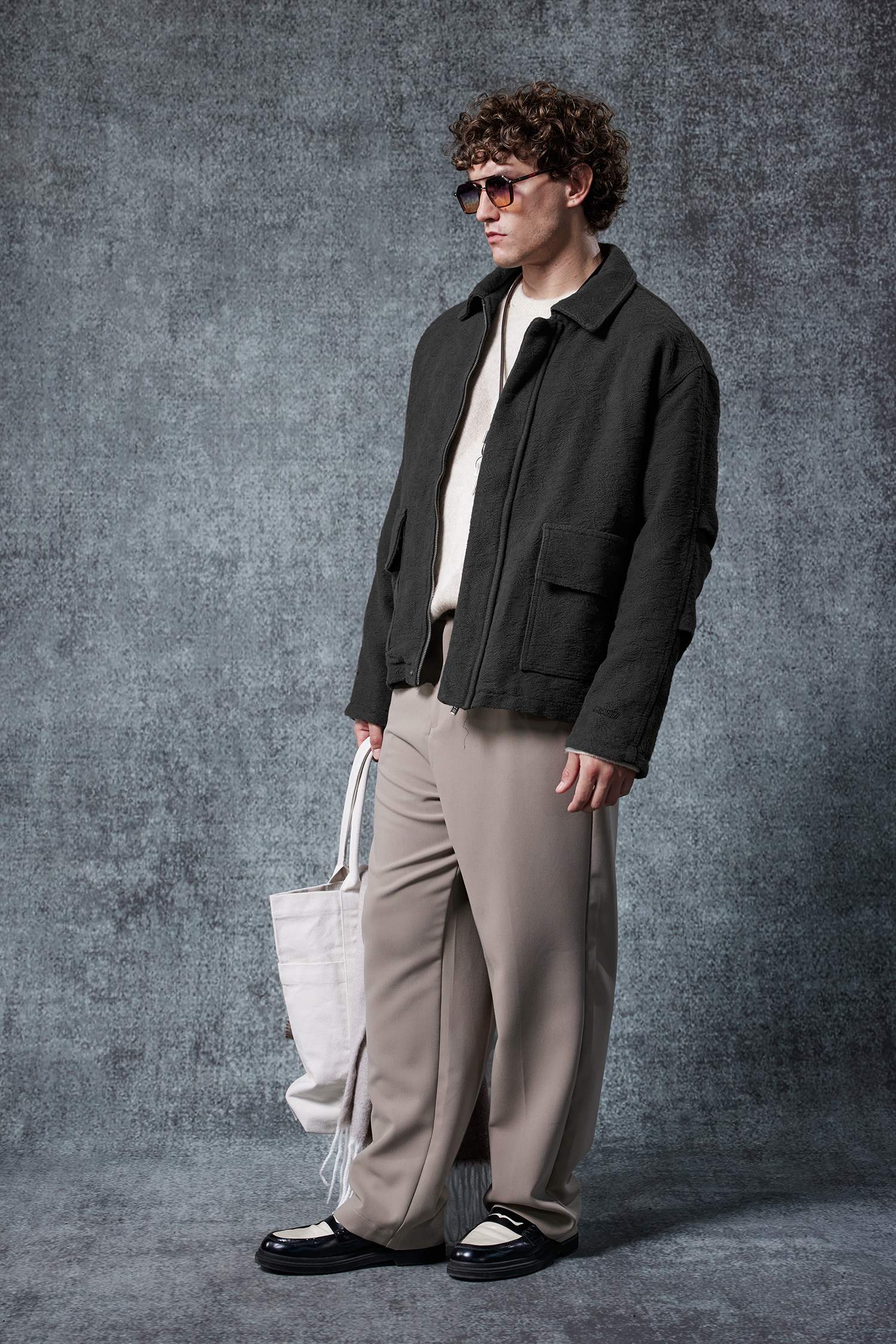 Erkek Boxy Fit Rahat Kesim Desenli Ceket Siyah