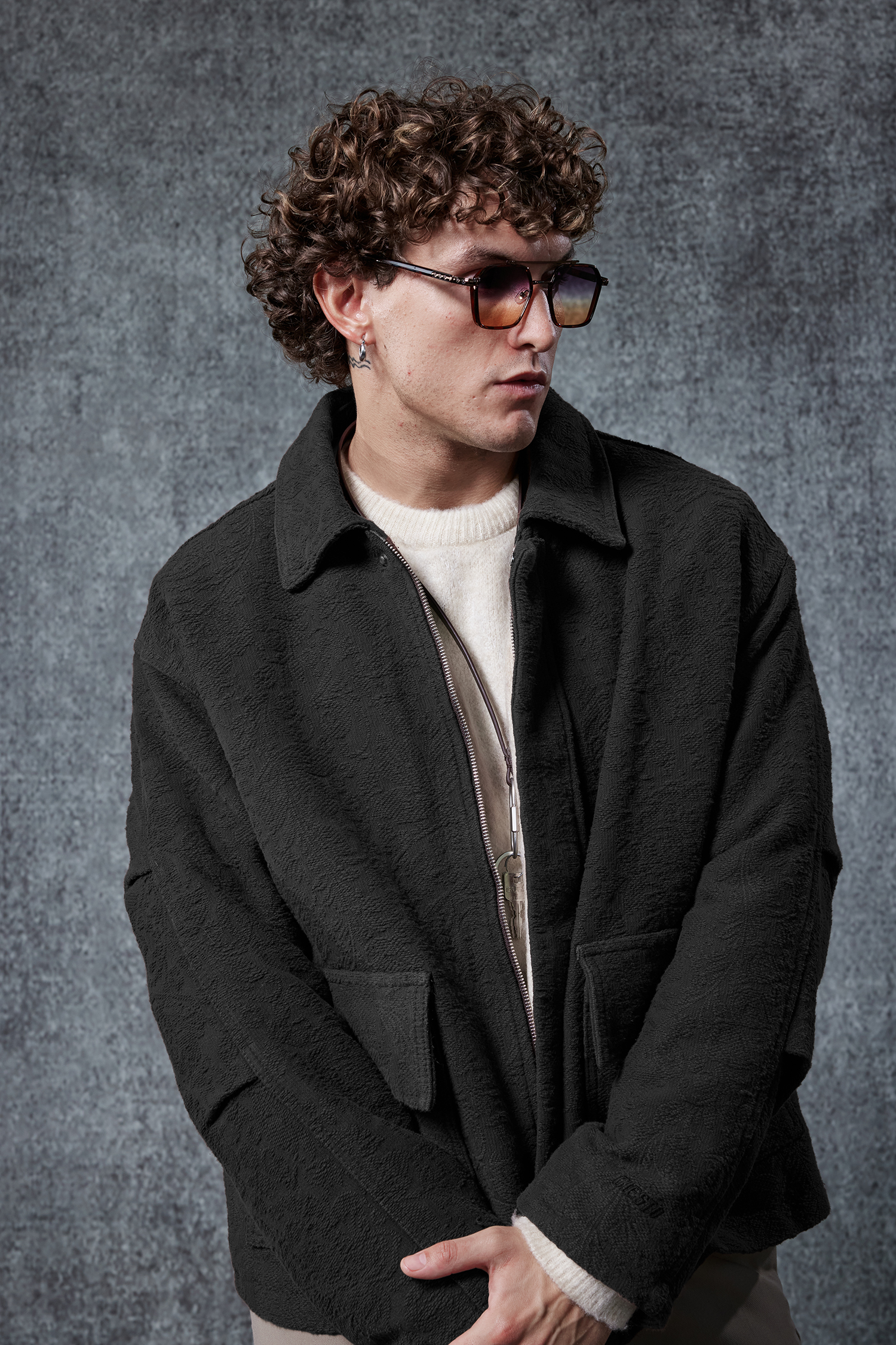 Erkek Boxy Fit Rahat Kesim Desenli Ceket Siyah