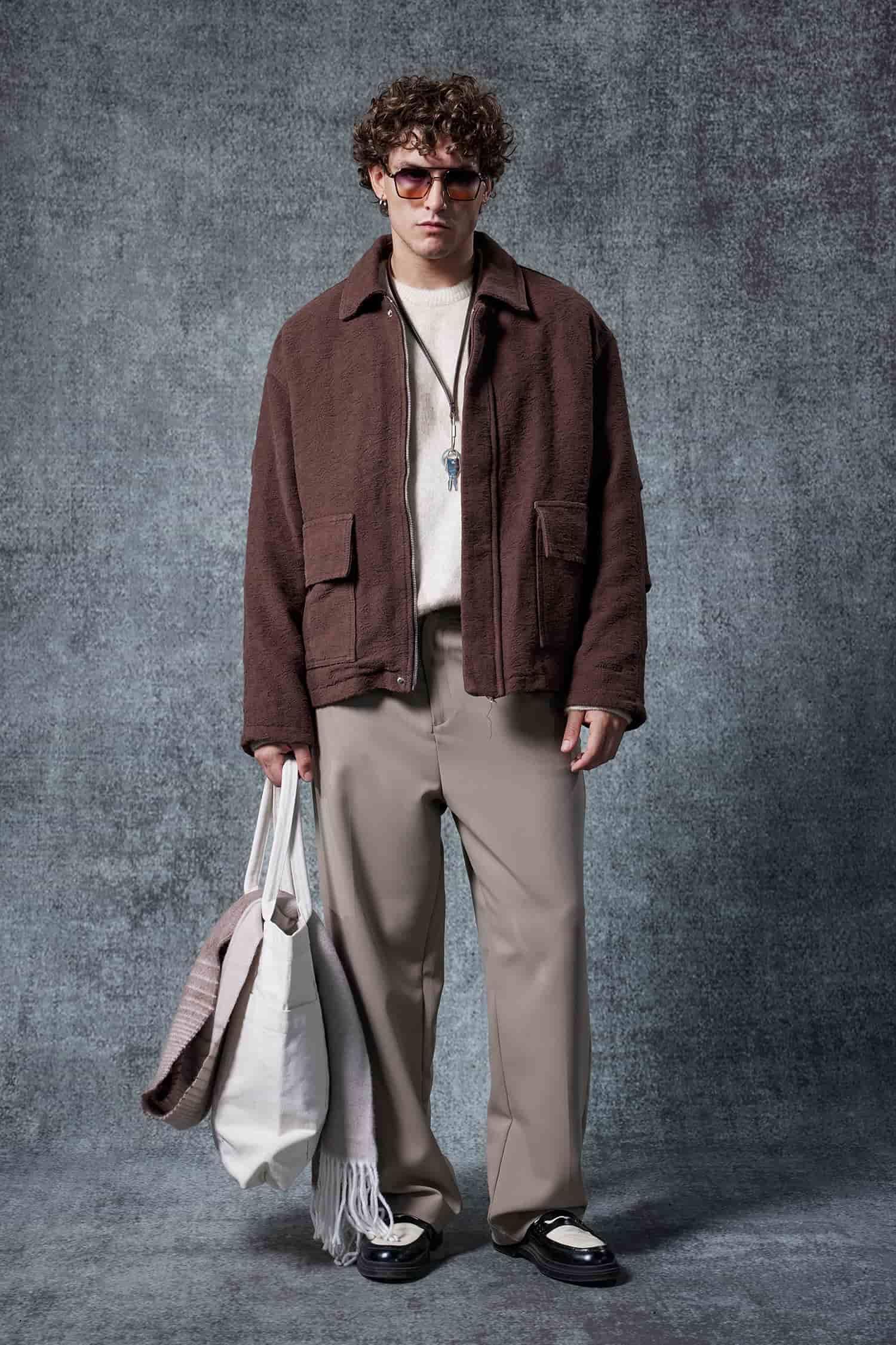 Erkek Boxy Fit Rahat Kesim Desenli Ceket Kahverengi