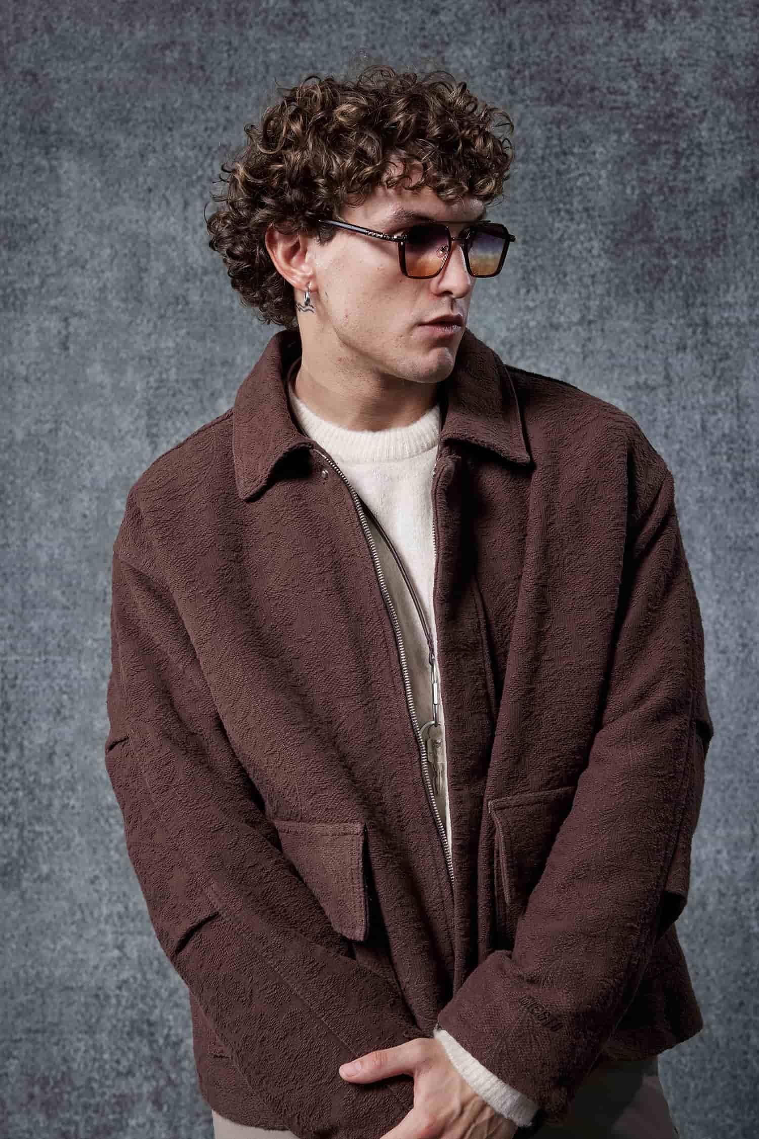 Erkek Boxy Fit Rahat Kesim Desenli Ceket Kahverengi