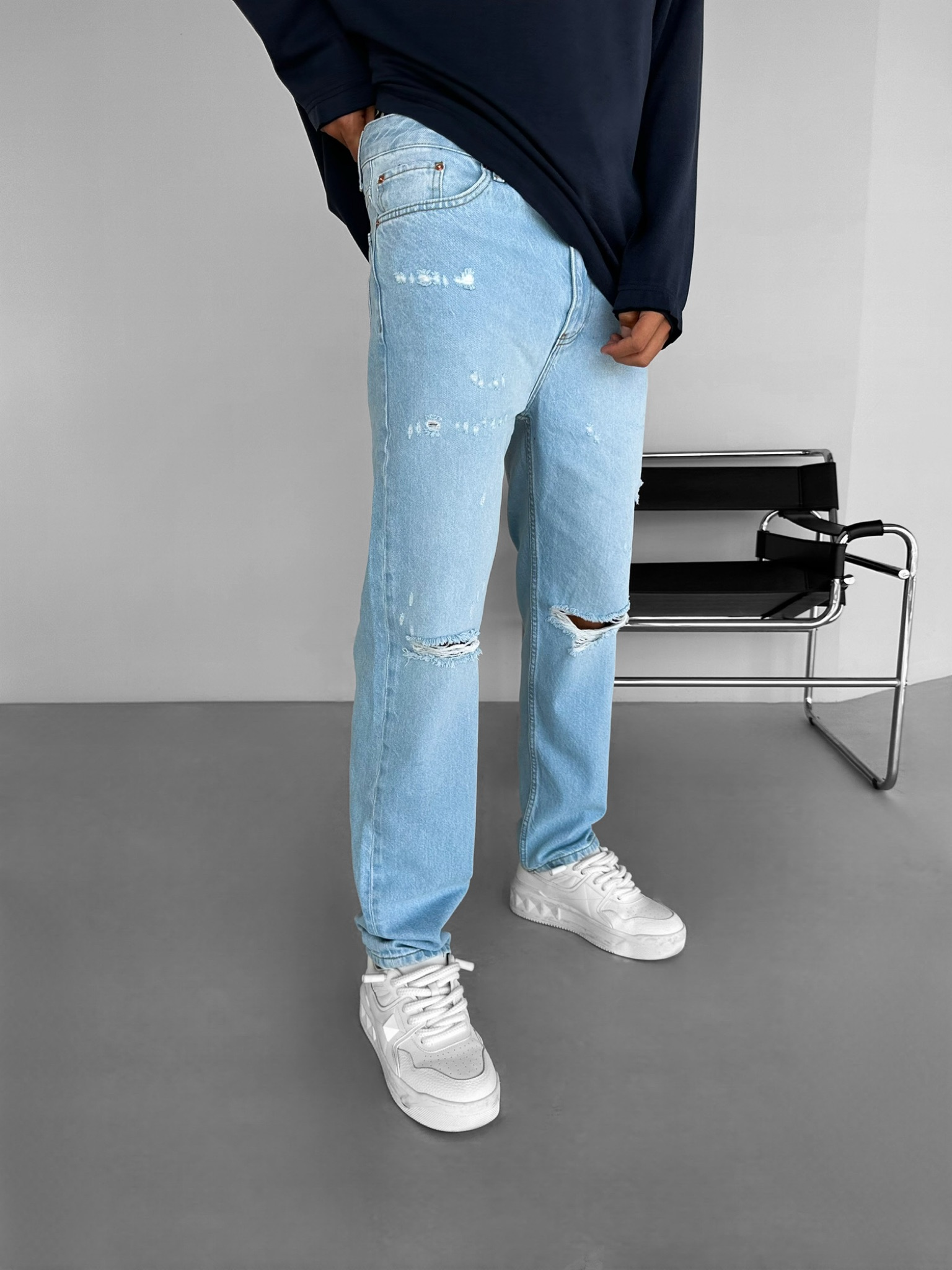Erkek Boyfriend Distressed Pantolon Jean Açık Mavi