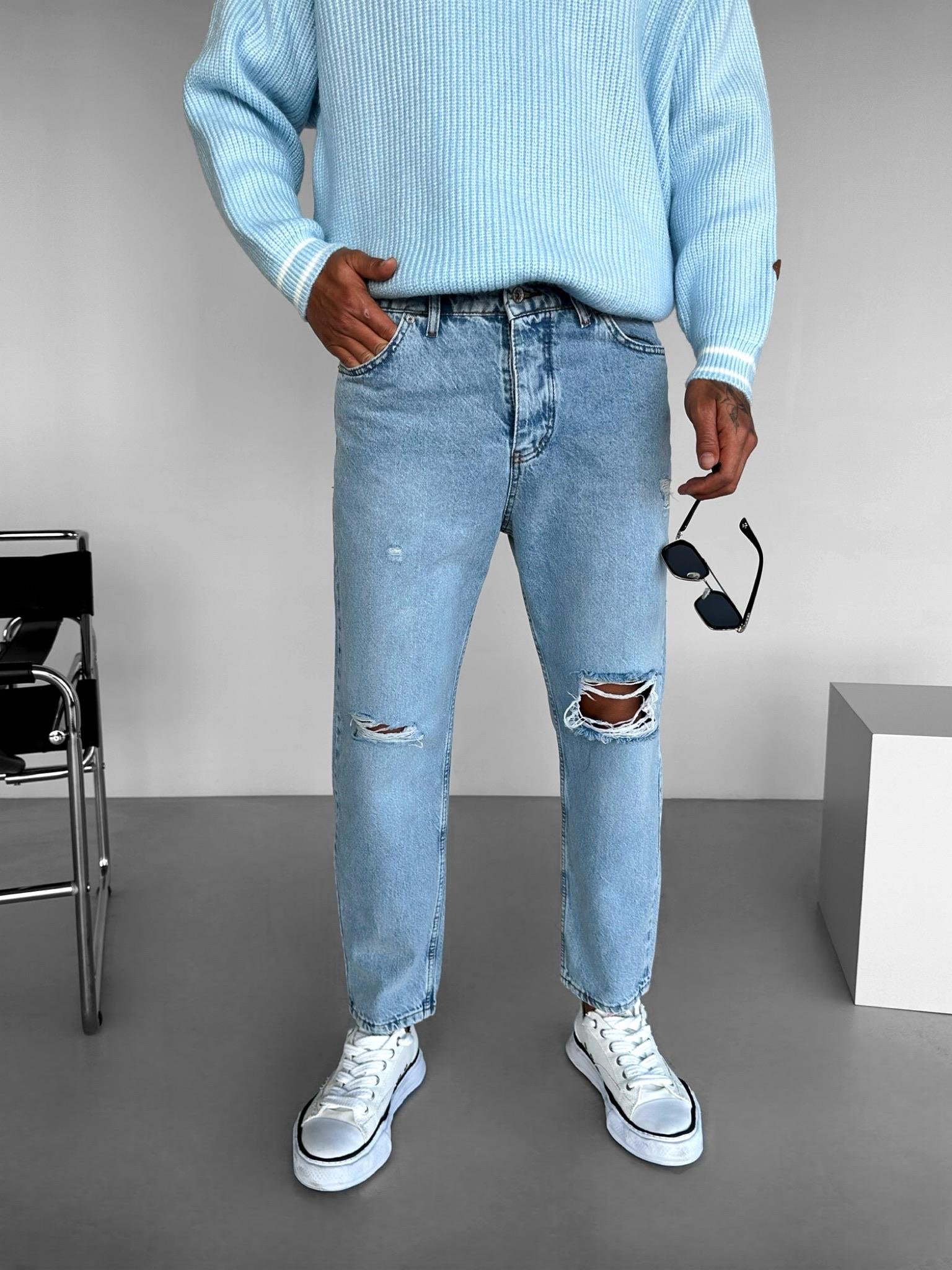 Erkek Boyfriend Fit Distressed Jean Mavi