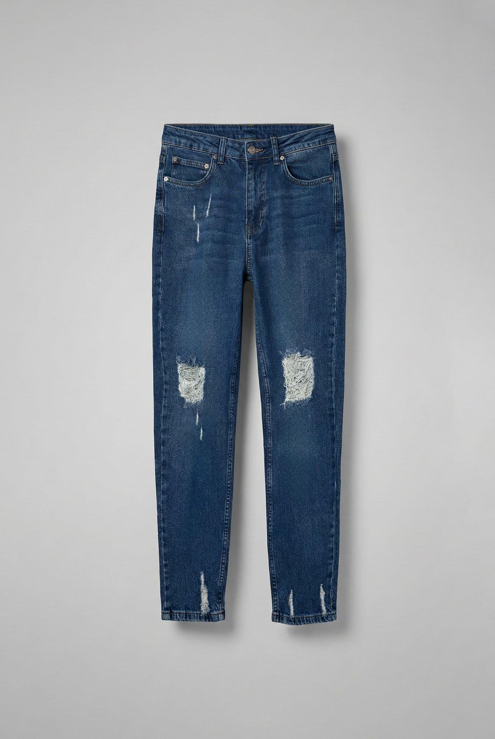 Erkek Boyfriend Kalıp Yıpratılmış Jean Pantolon Koyu Mavi