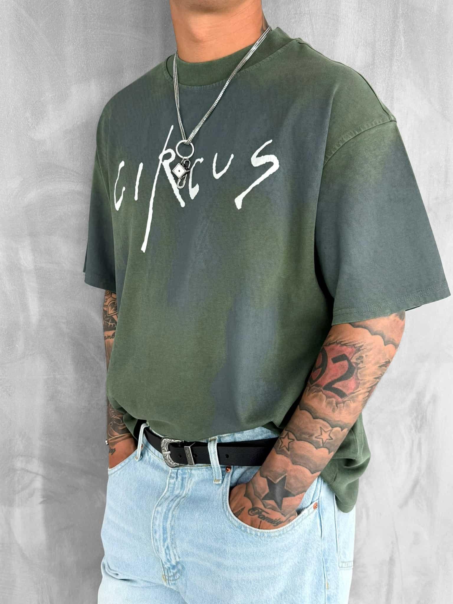 Erkek Cirsus Baskılı Yıkamalı Oversize T-Shırt Haki