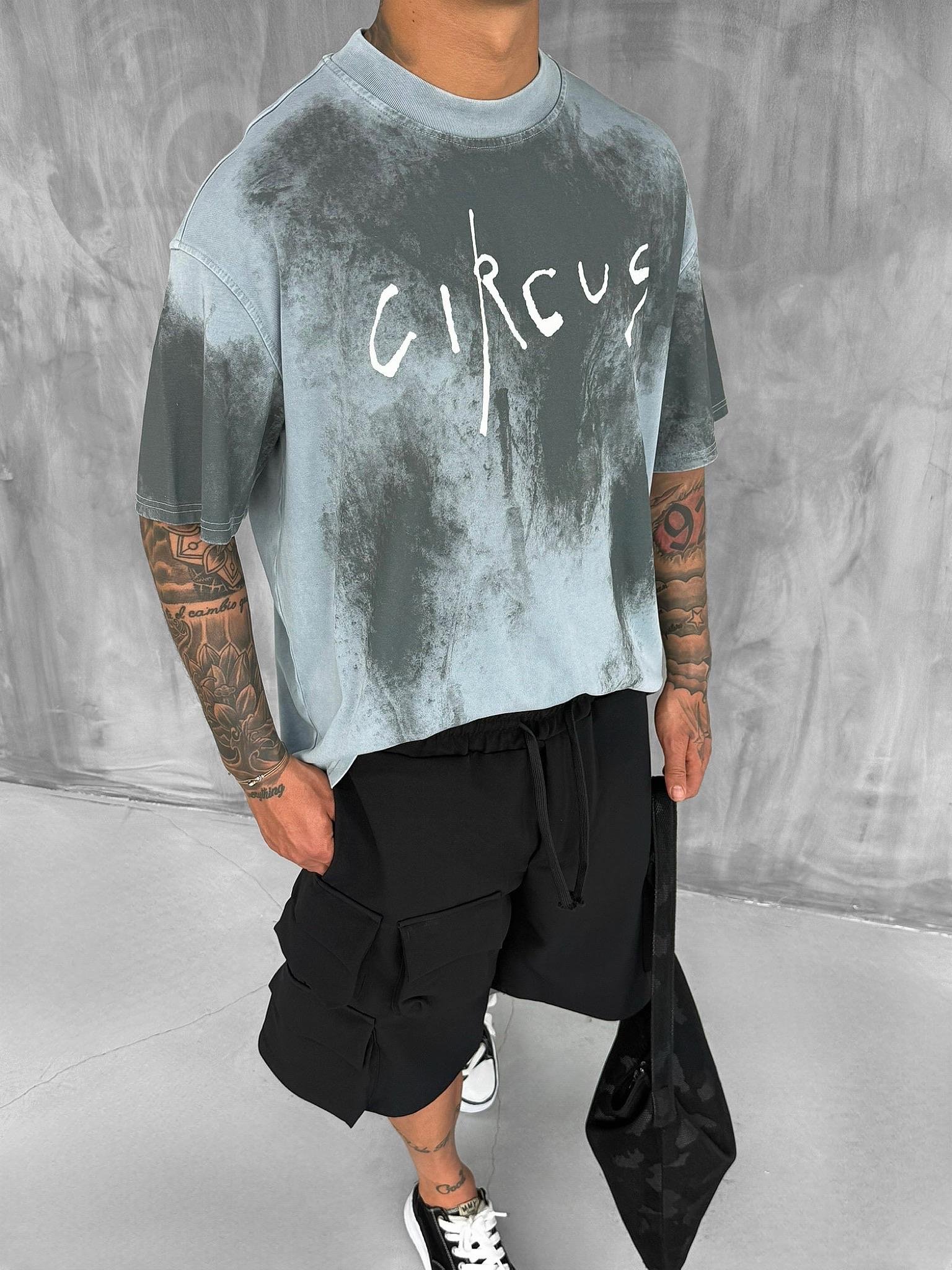 Erkek Cirsus Baskılı Yıkamalı Oversize T-Shırt Gri
