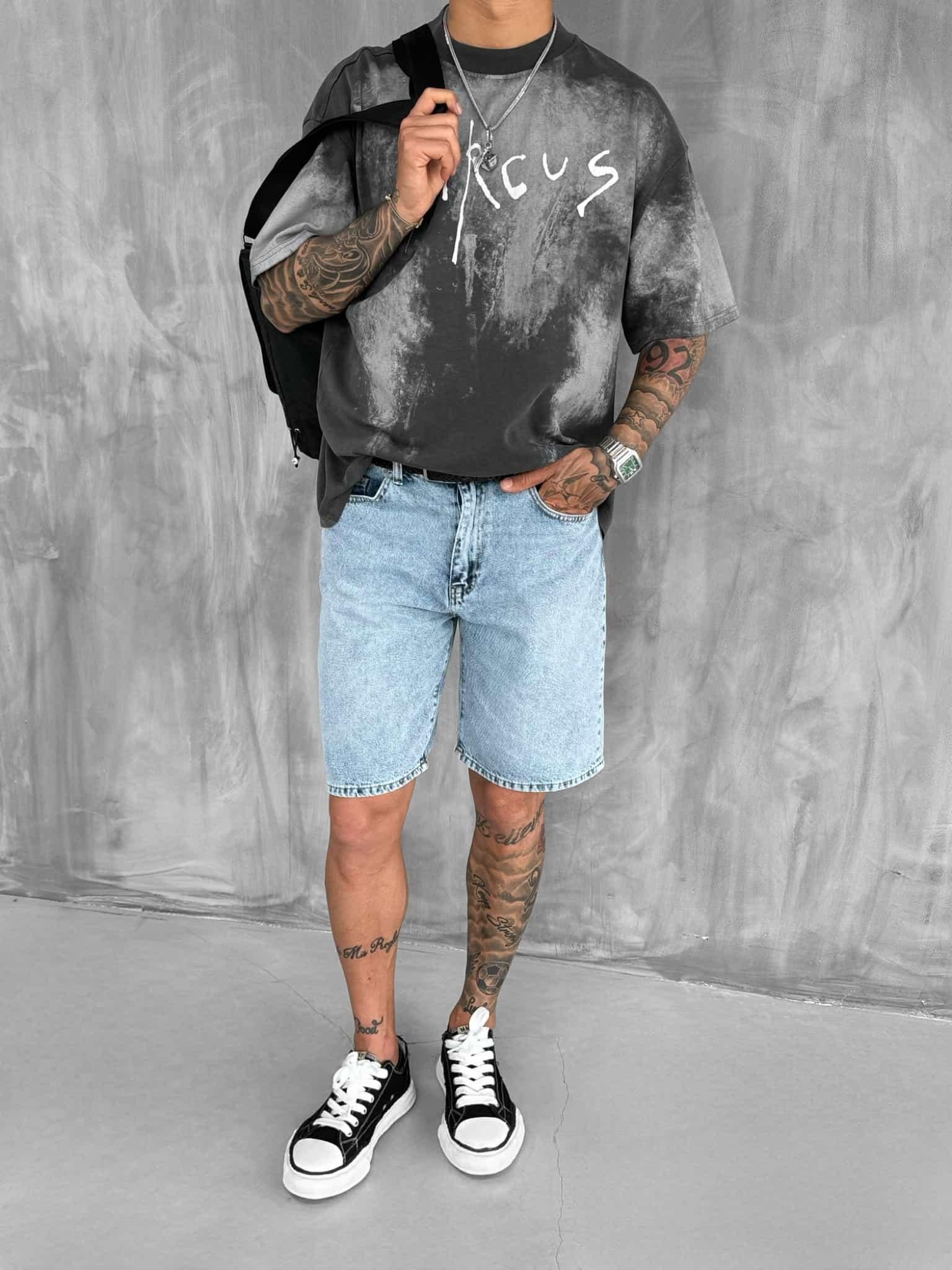 Erkek Cirsus Baskılı Yıkamalı Oversize T-Shırt Siyah