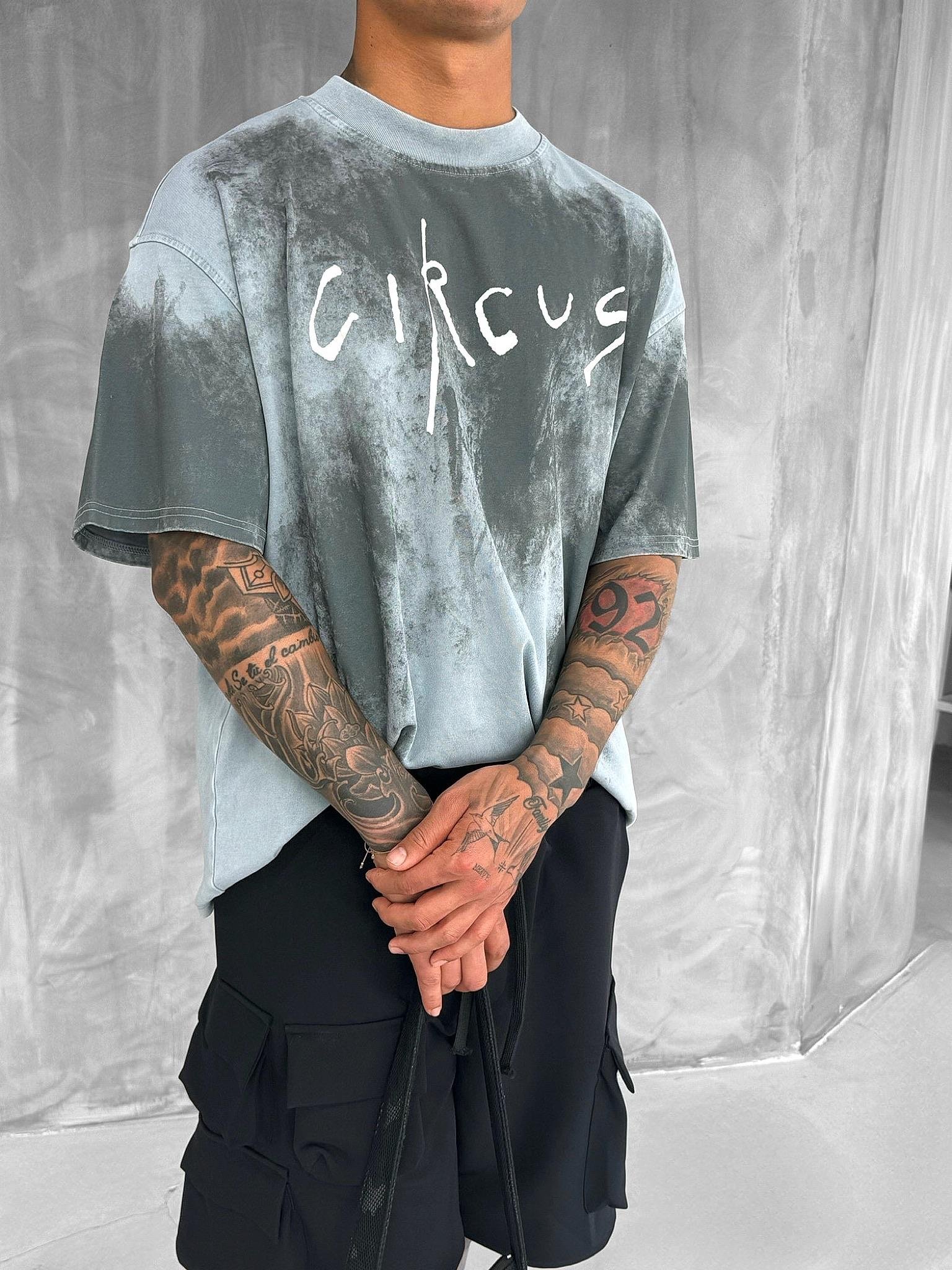 Erkek Cirsus Baskılı Yıkamalı Oversize T-Shırt Gri