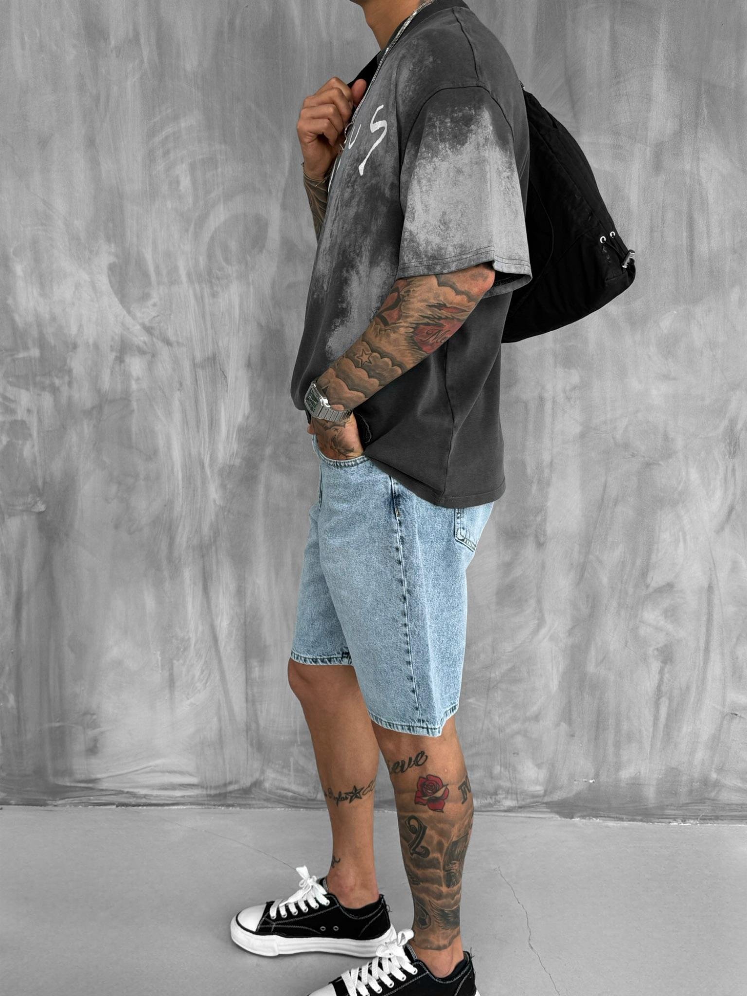 Erkek Cirsus Baskılı Yıkamalı Oversize T-Shırt Siyah