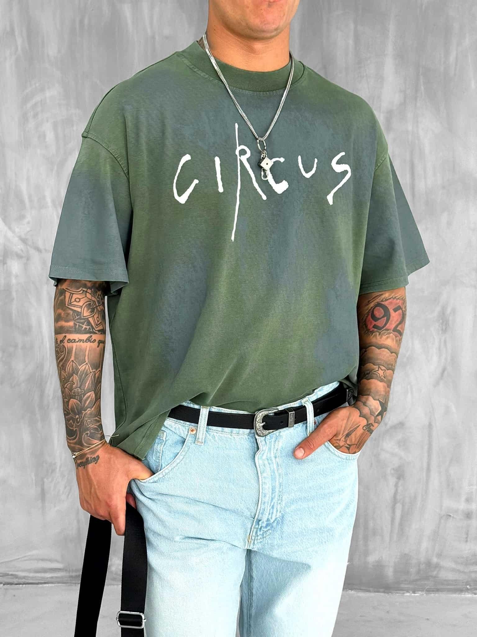 Erkek Cirsus Baskılı Yıkamalı Oversize T-Shırt Haki