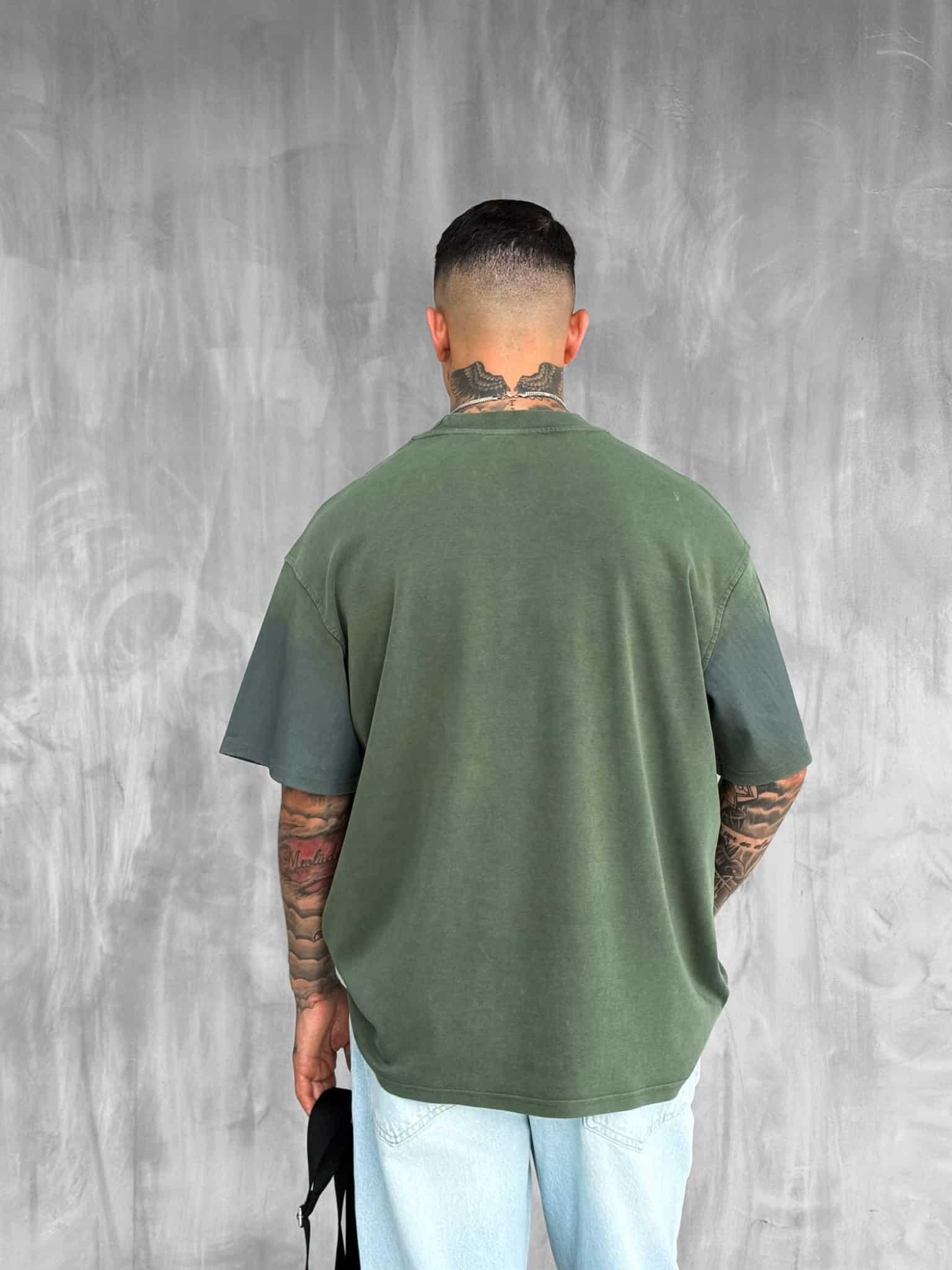 Erkek Cirsus Baskılı Yıkamalı Oversize T-Shırt Haki