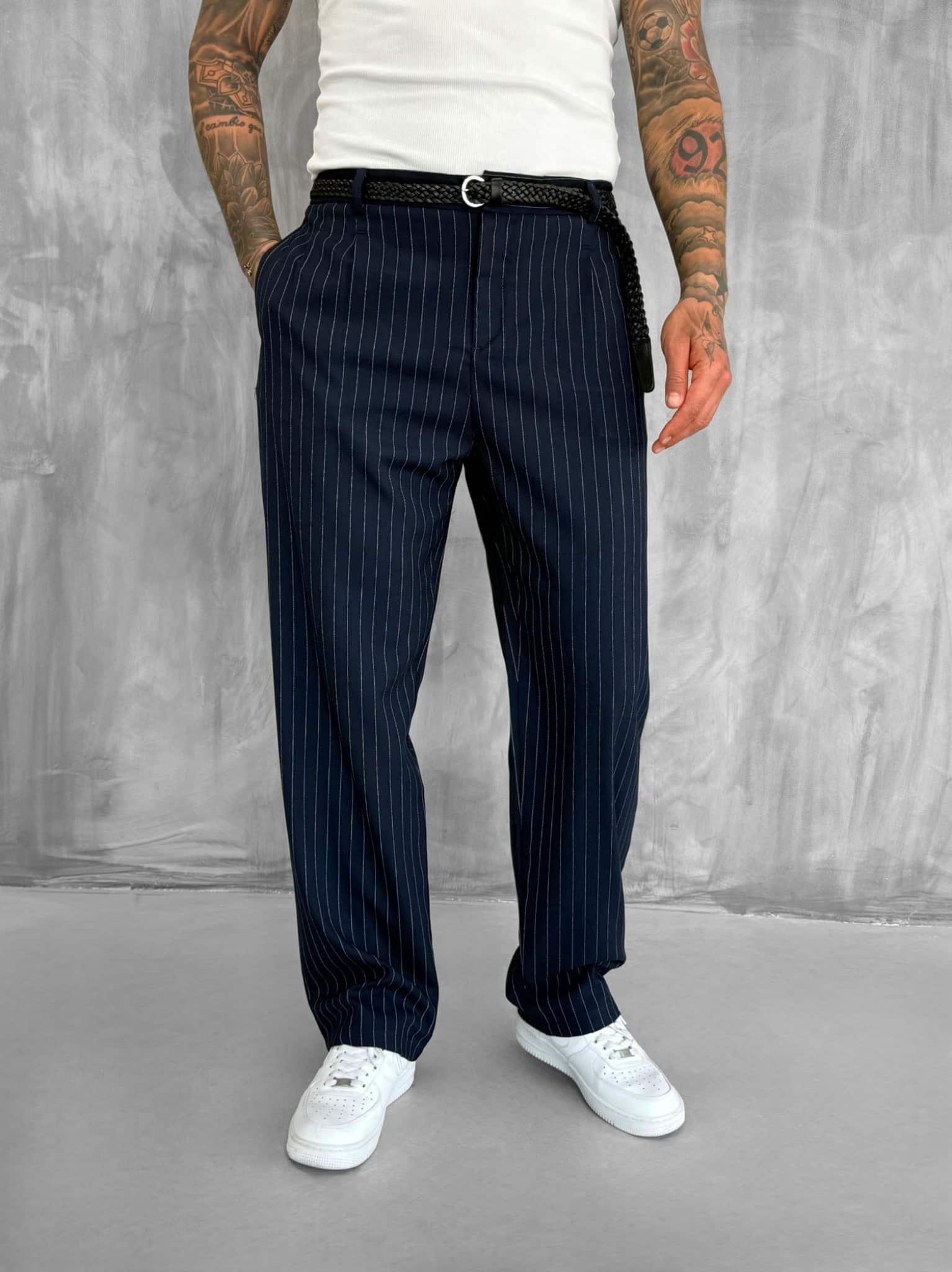 Erkek Çizgili Oversize Kruvaze Takım Elbise Lacivert