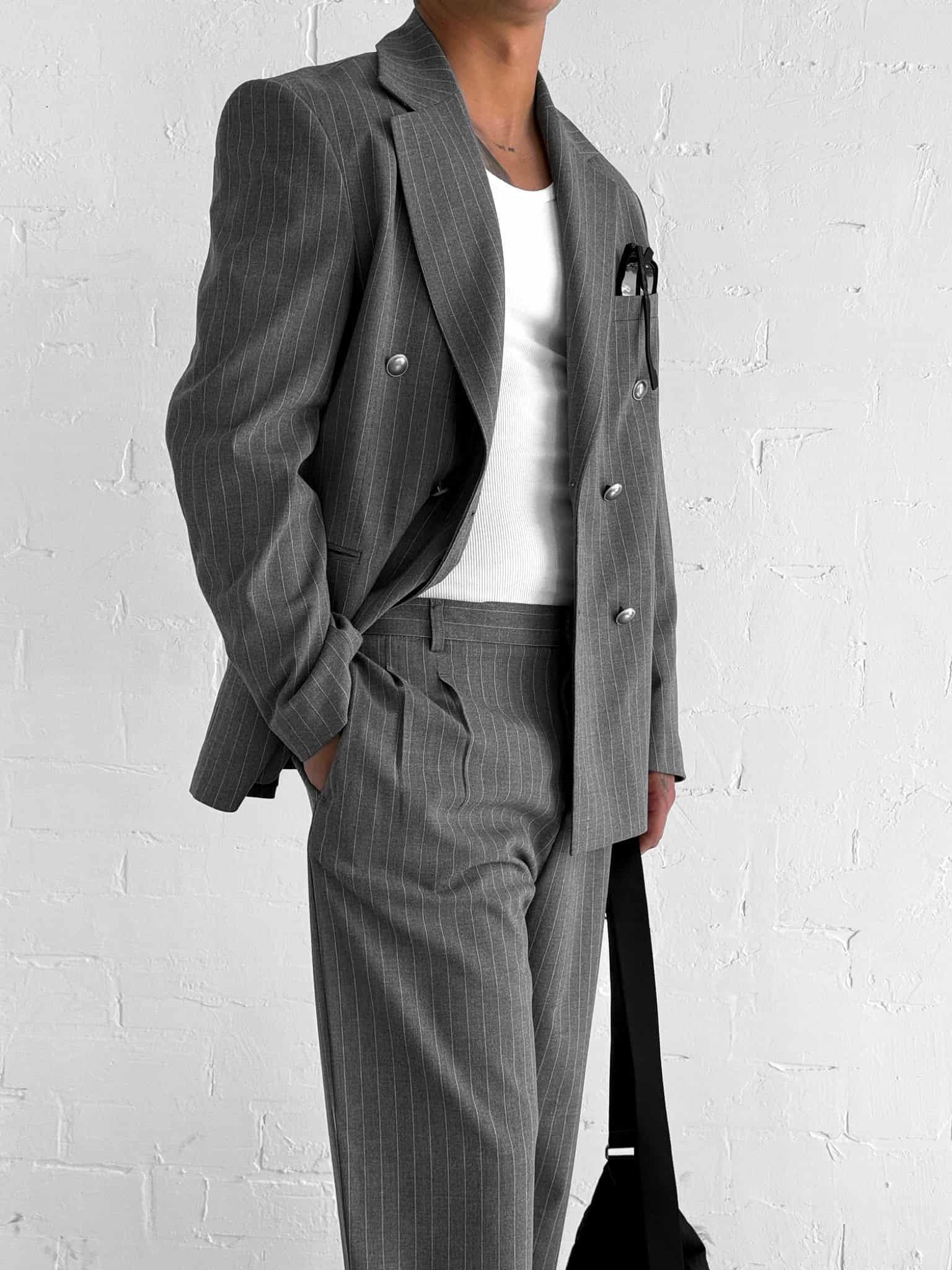Erkek Çizgili Oversize Kruvaze Takım Elbise Gri