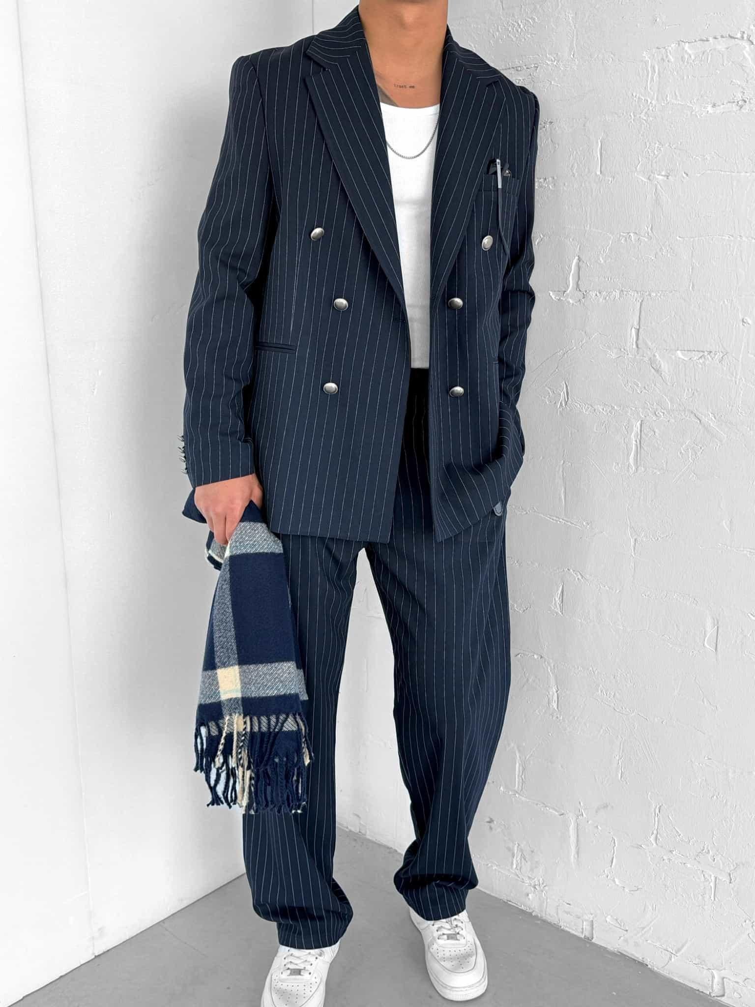 Erkek Çizgili Oversize Kruvaze Takım Elbise Lacivert