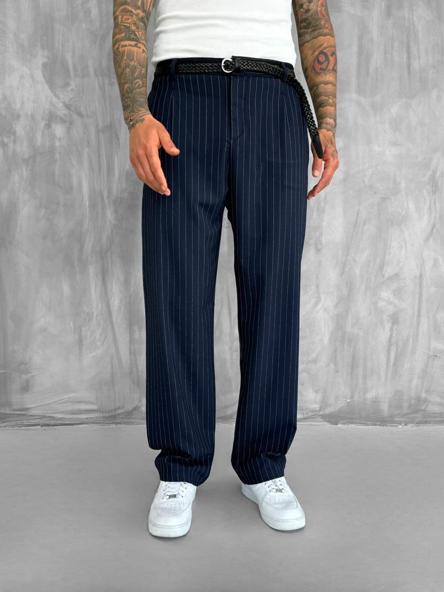 Erkek Çizgili Oversize Kruvaze Takım Elbise Lacivert