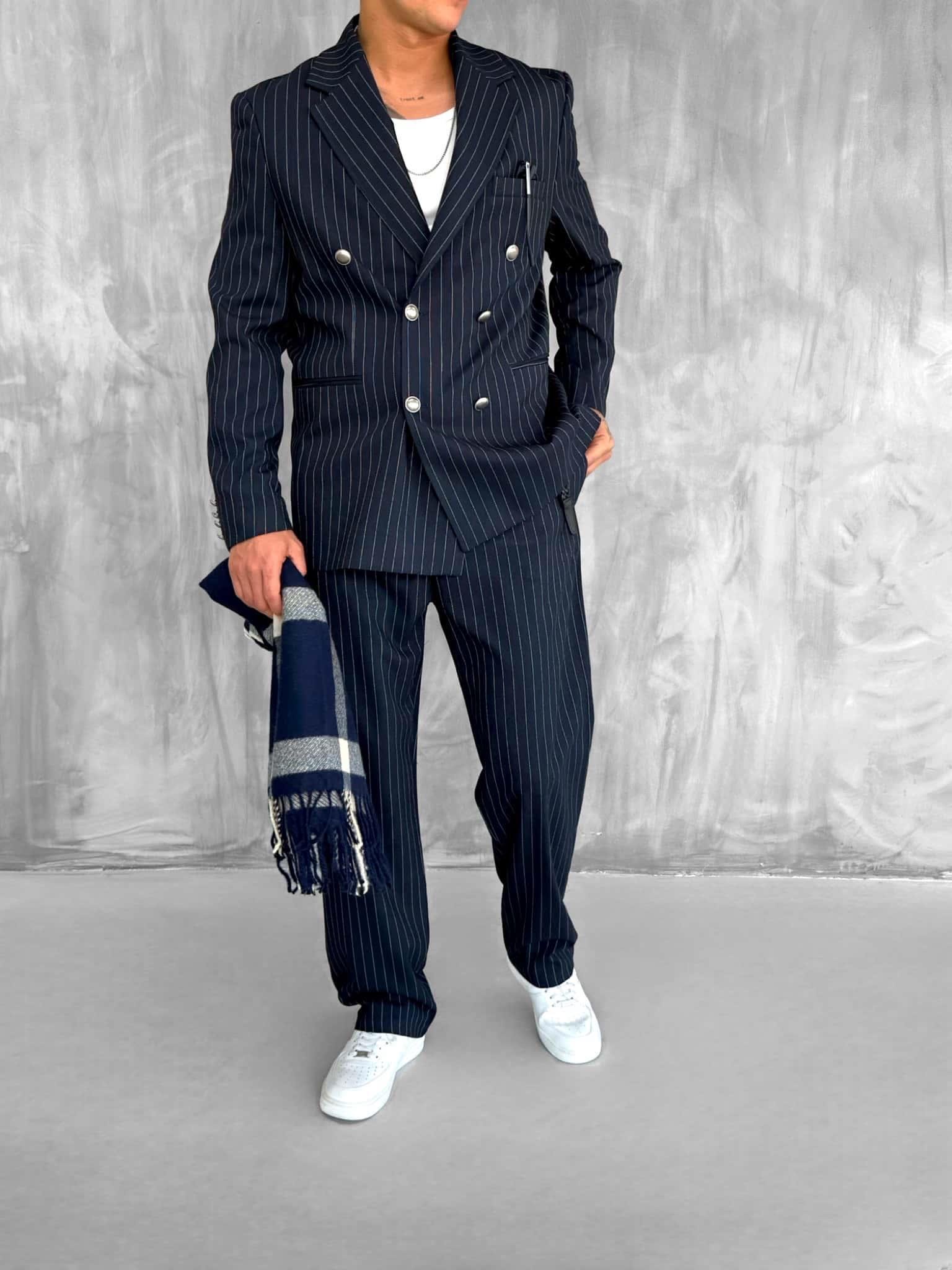 Erkek Çizgili Oversize Kruvaze Takım Elbise Lacivert