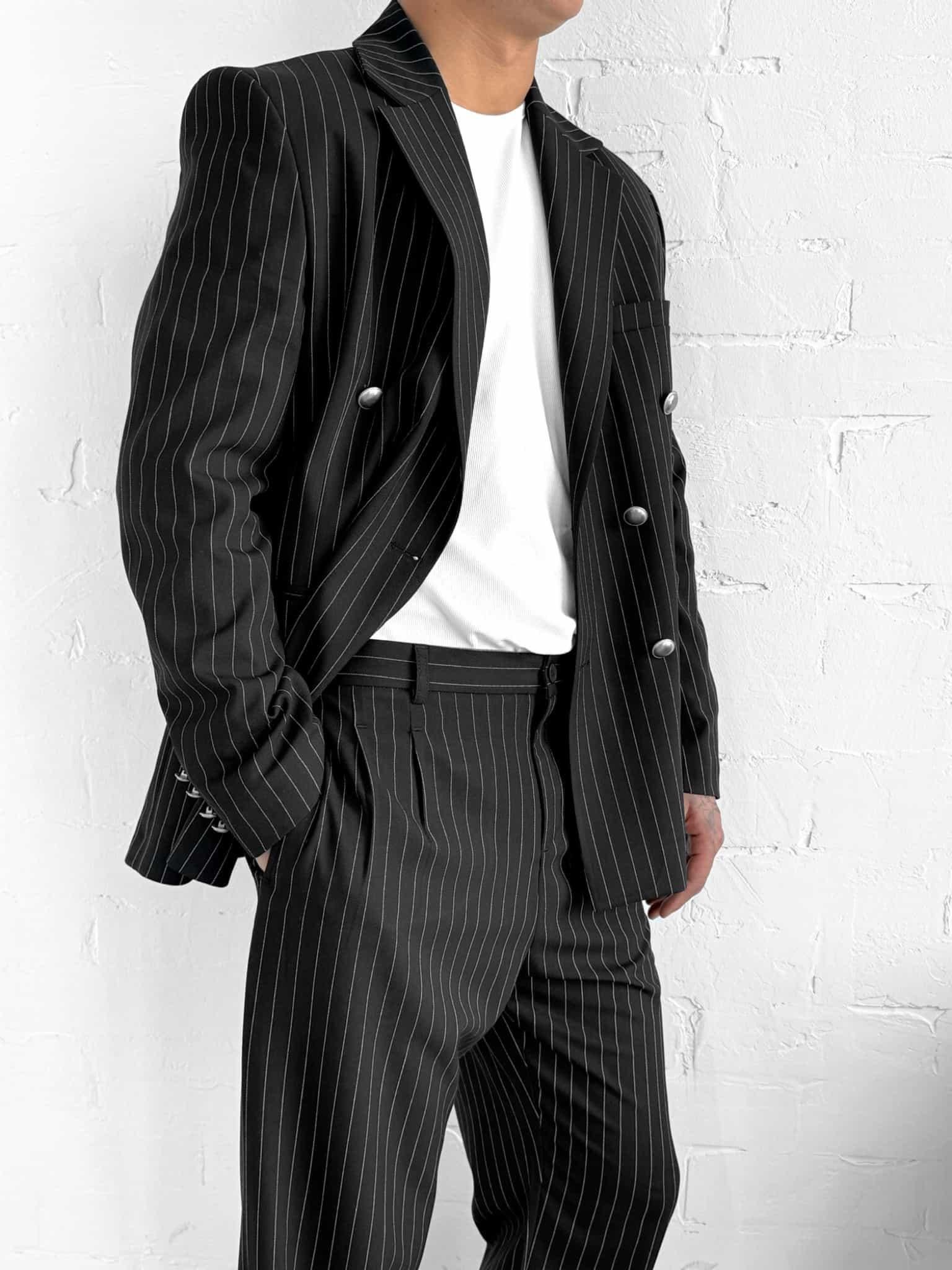 Erkek Çizgili Oversize Kruvaze Takım Elbise Siyah