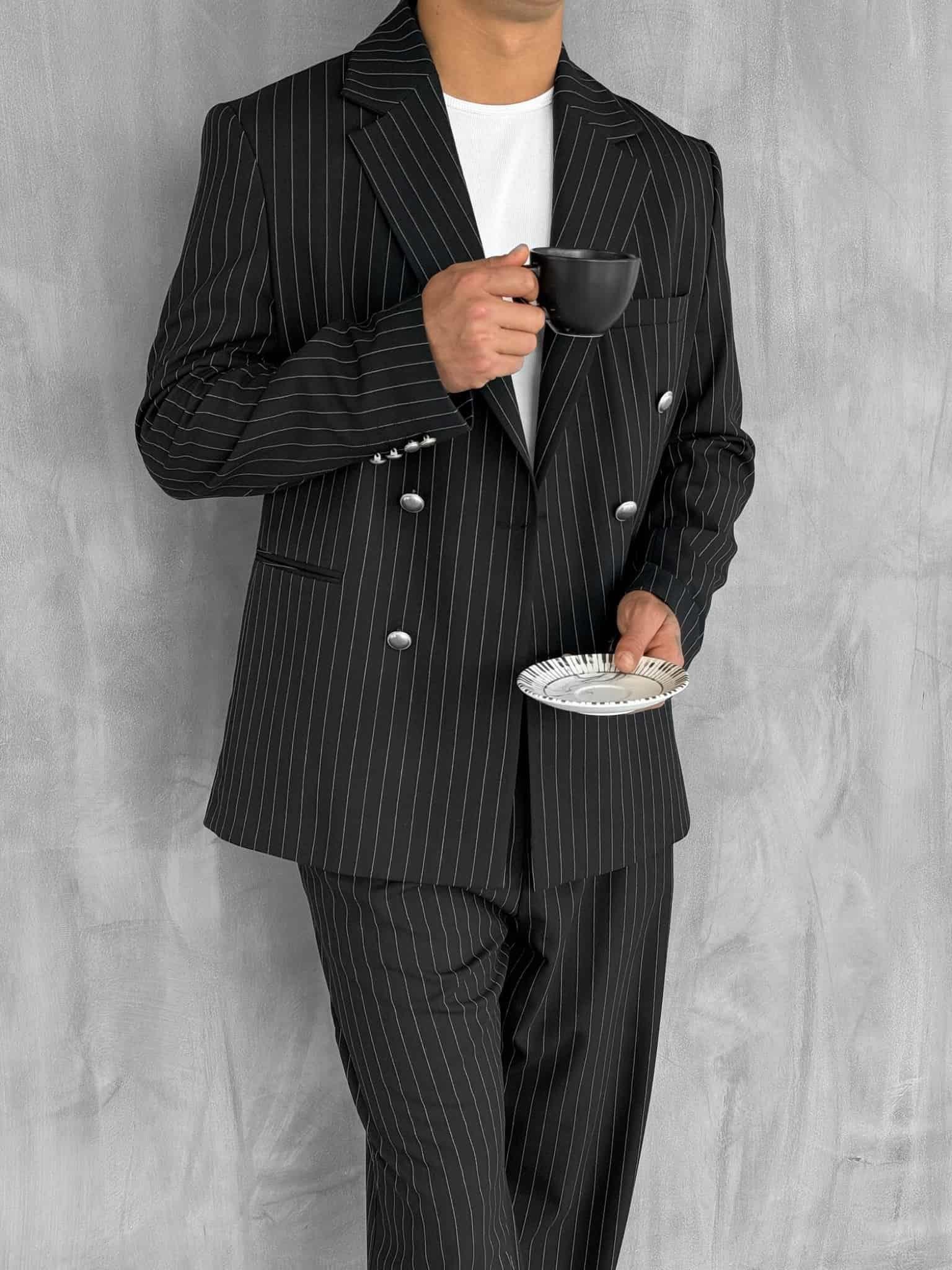 Erkek Çizgili Oversize Kruvaze Takım Elbise Siyah