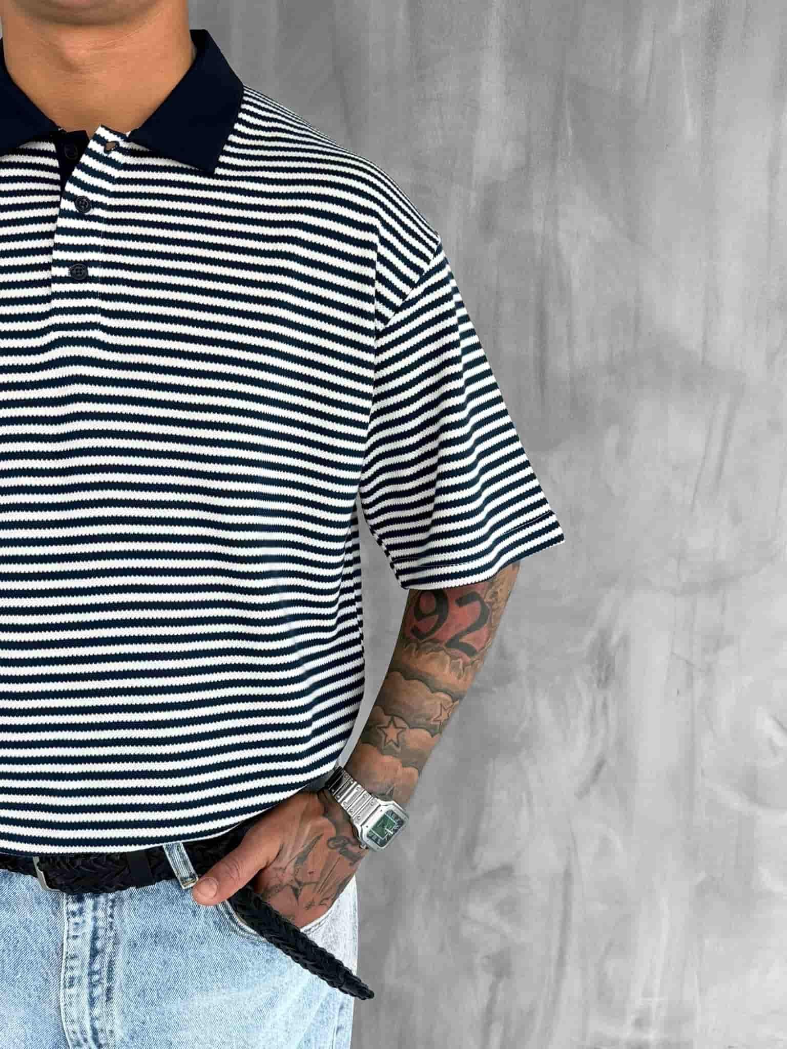 Erkek Çizgili Polo Yaka Oversize T-Shirt Lacivert