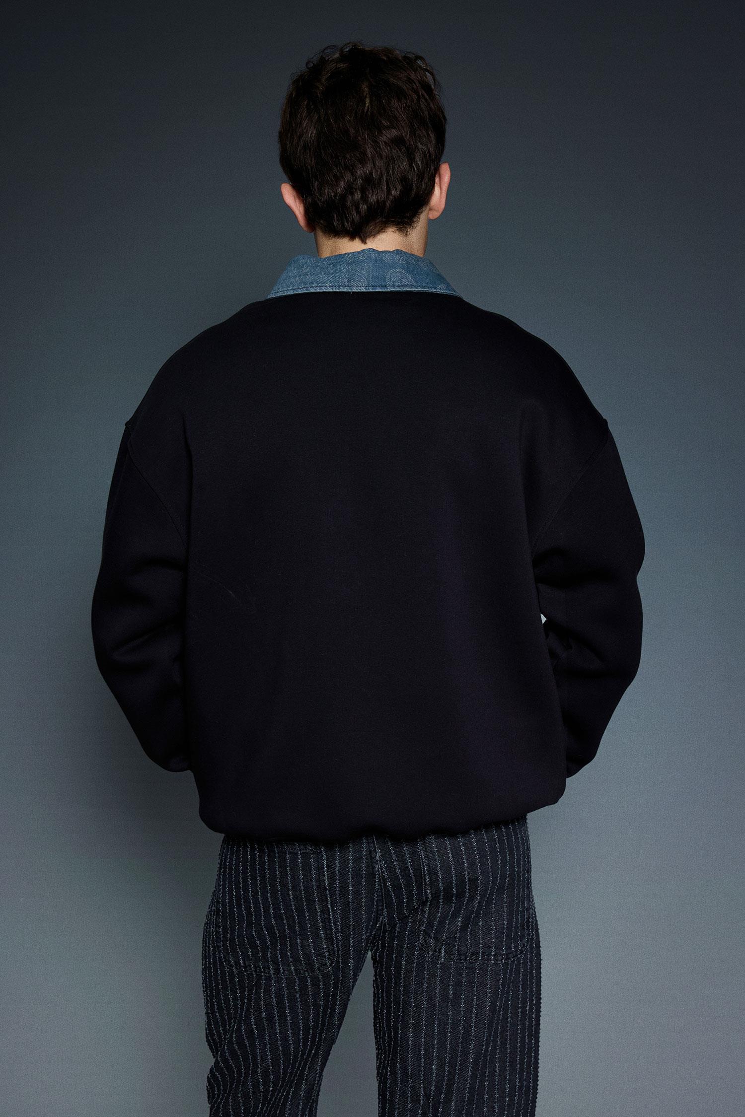 Erkek Denim Polo Yaka Yarım Fermuarlı Oversize Sweatshirt Siyah