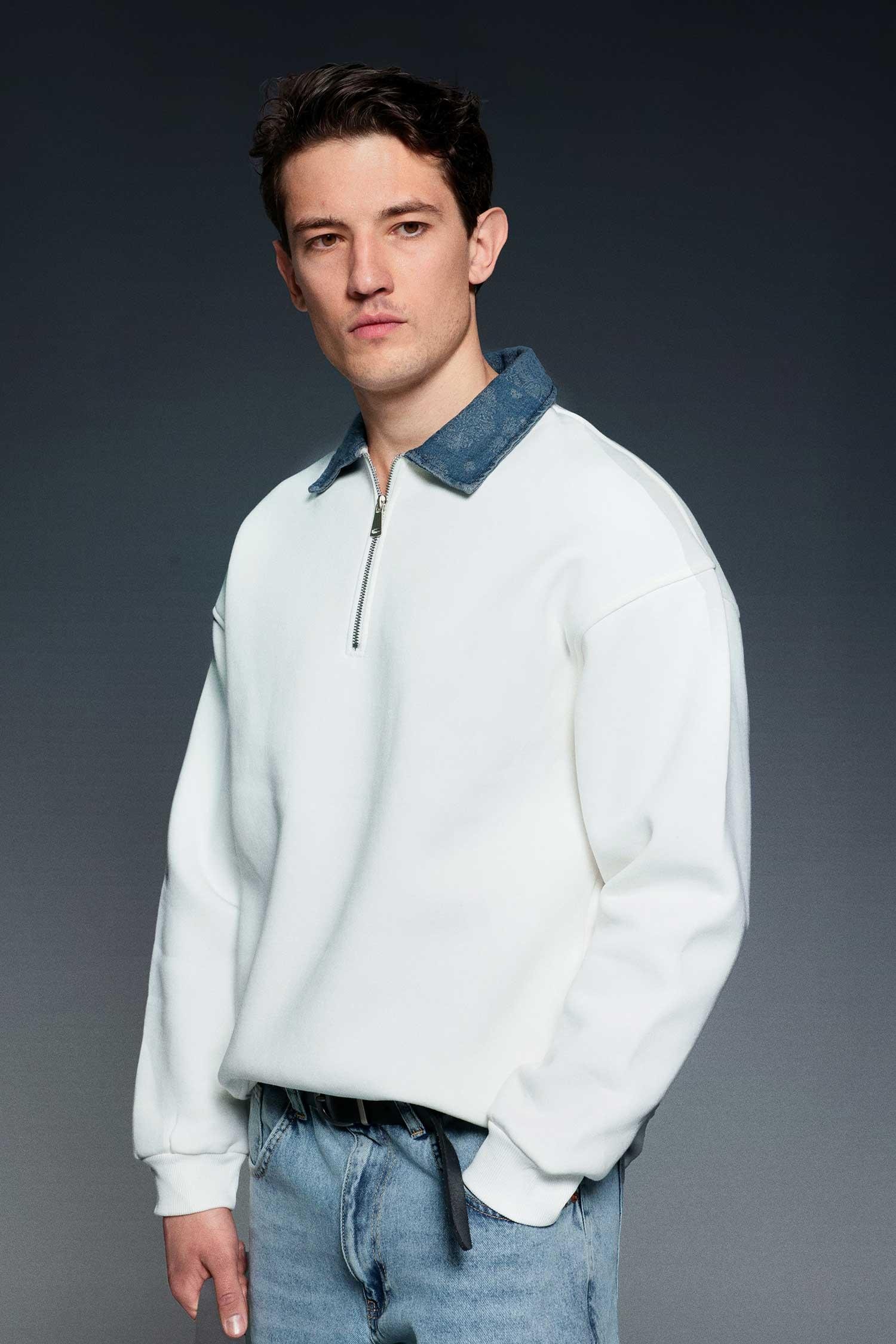 Erkek Denim Polo Yaka Yarım Fermuarlı Oversize Sweatshirt Beyaz