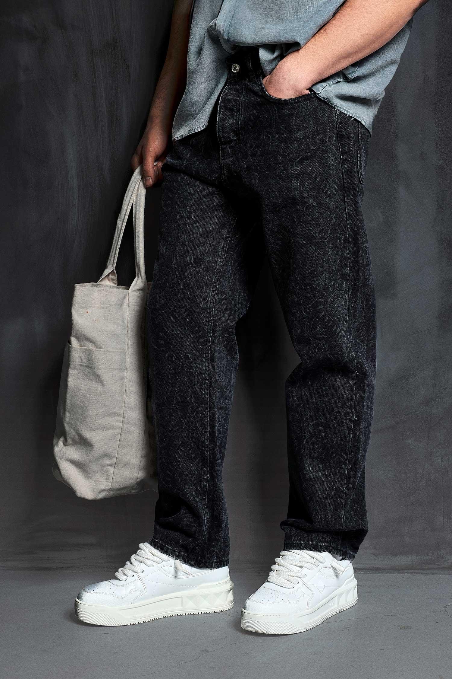 Erkek Desenli Baggy Fit Jean Siyah