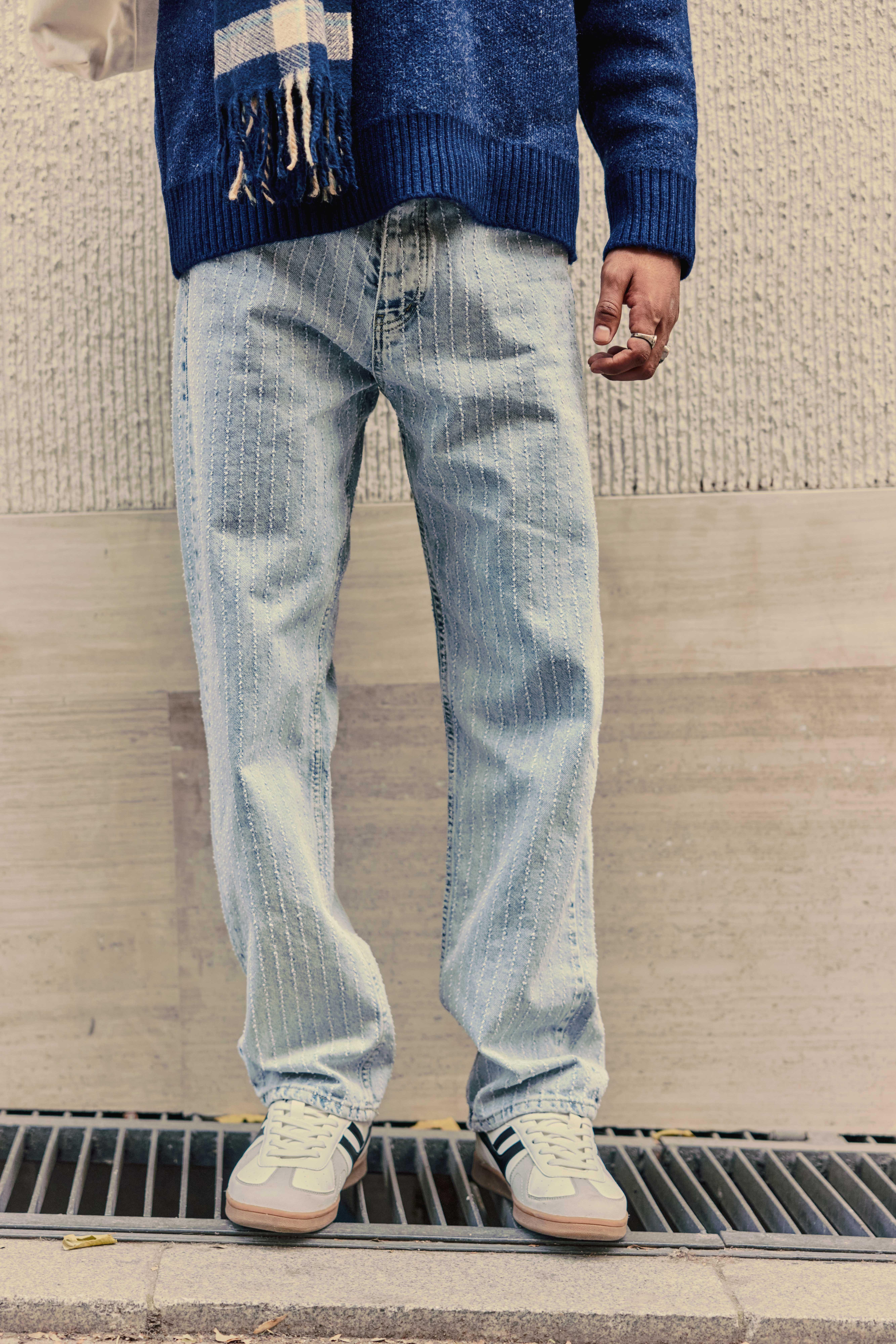 Erkek Desenli Kemer Detaylı Baggy Fit Jean Mavi