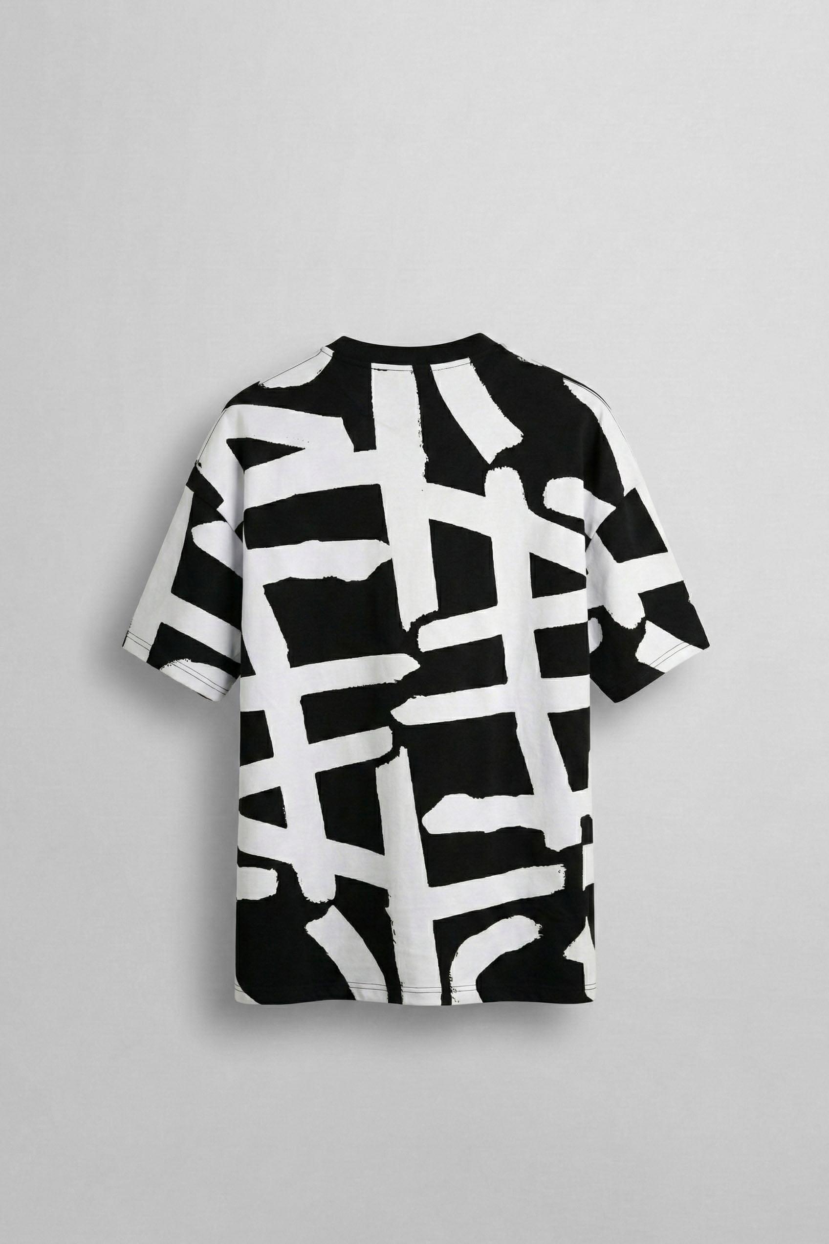 Erkek Desenli Oversize T-Shirt Siyah