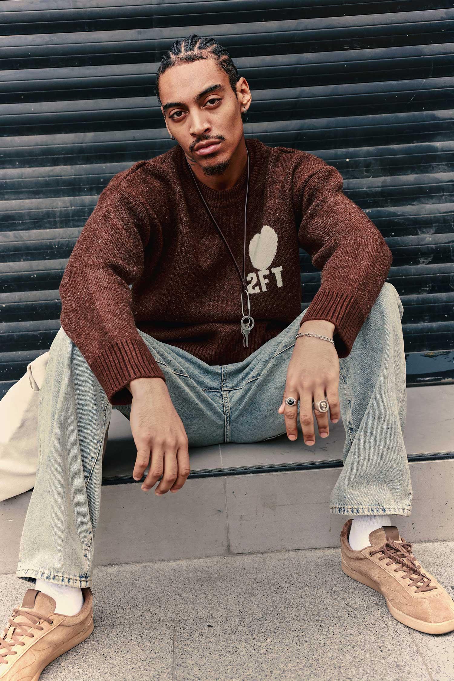 Erkek Desenli Oversize Triko Kazak Kahverengi