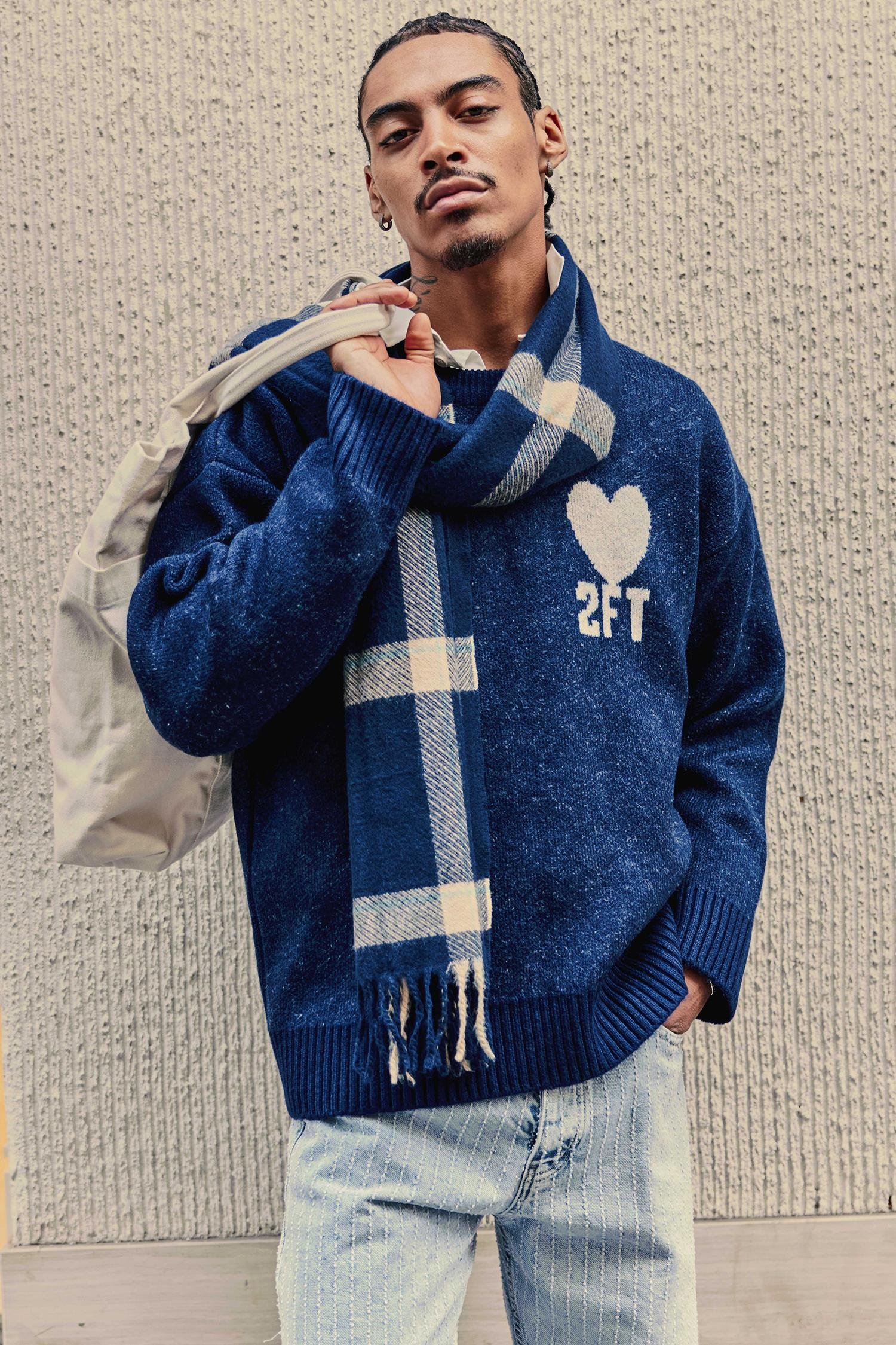 Erkek Desenli Oversize Triko Kazak Lacivert