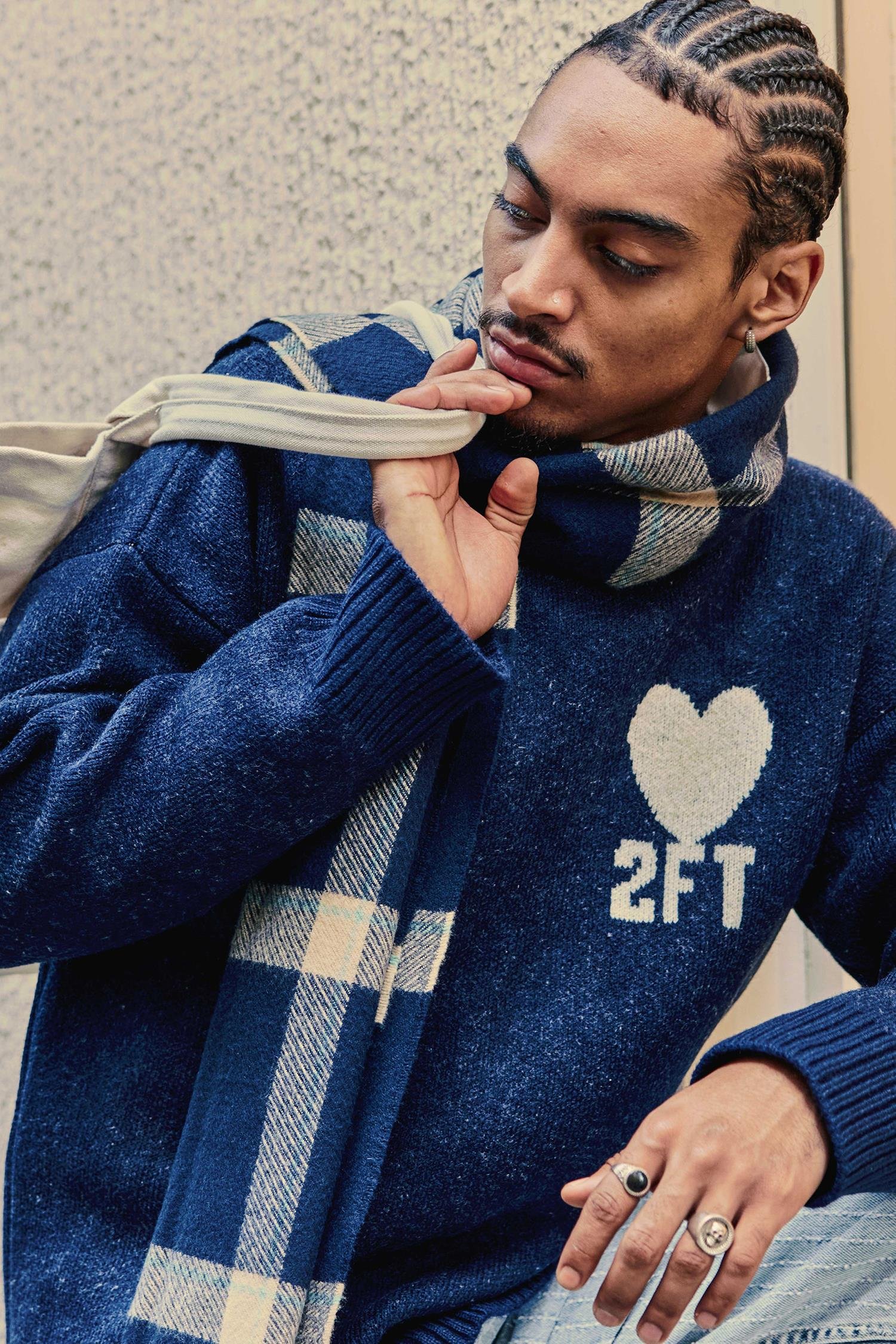 Erkek Desenli Oversize Triko Kazak Lacivert