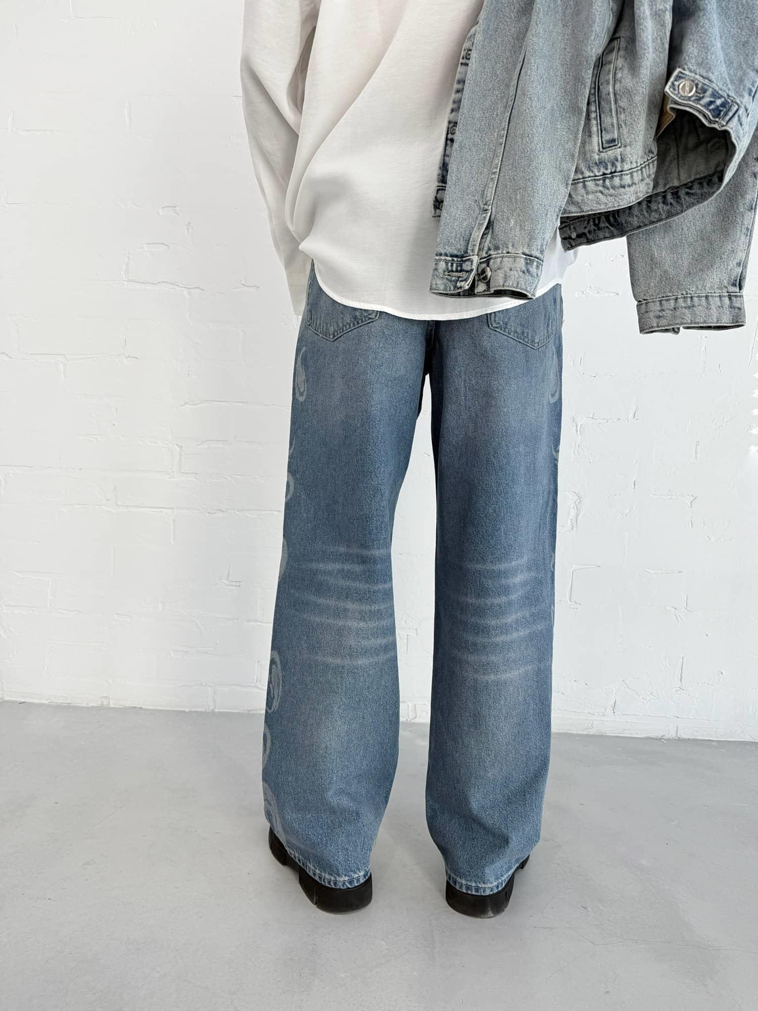 Erkek Desenli Super Baggy Jean Mavi